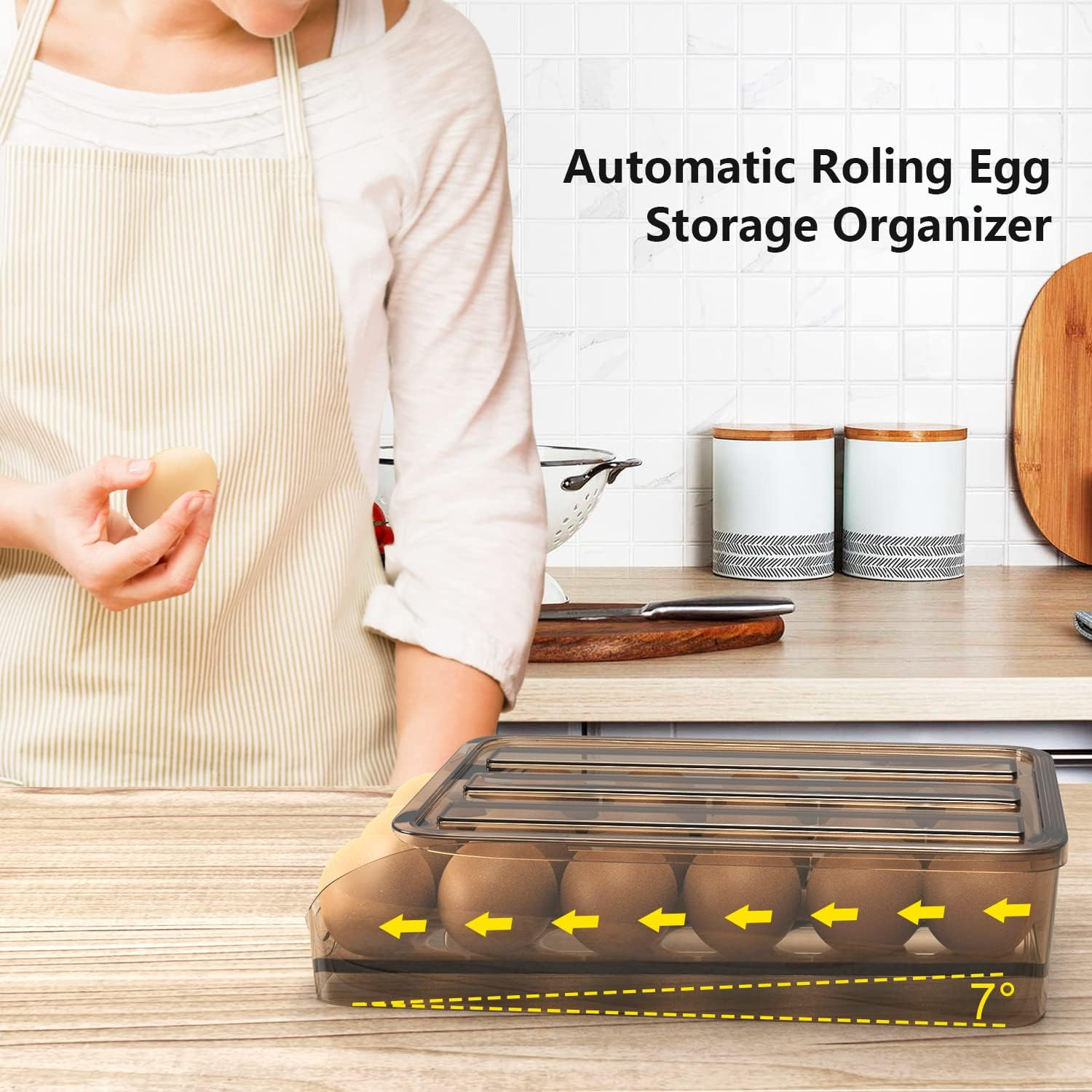 Siewl Automatic Rolling 18 Egg Fresh Storage Box for Fridge, Brown, 1 Layer, Practical, Egg Tray image number 3