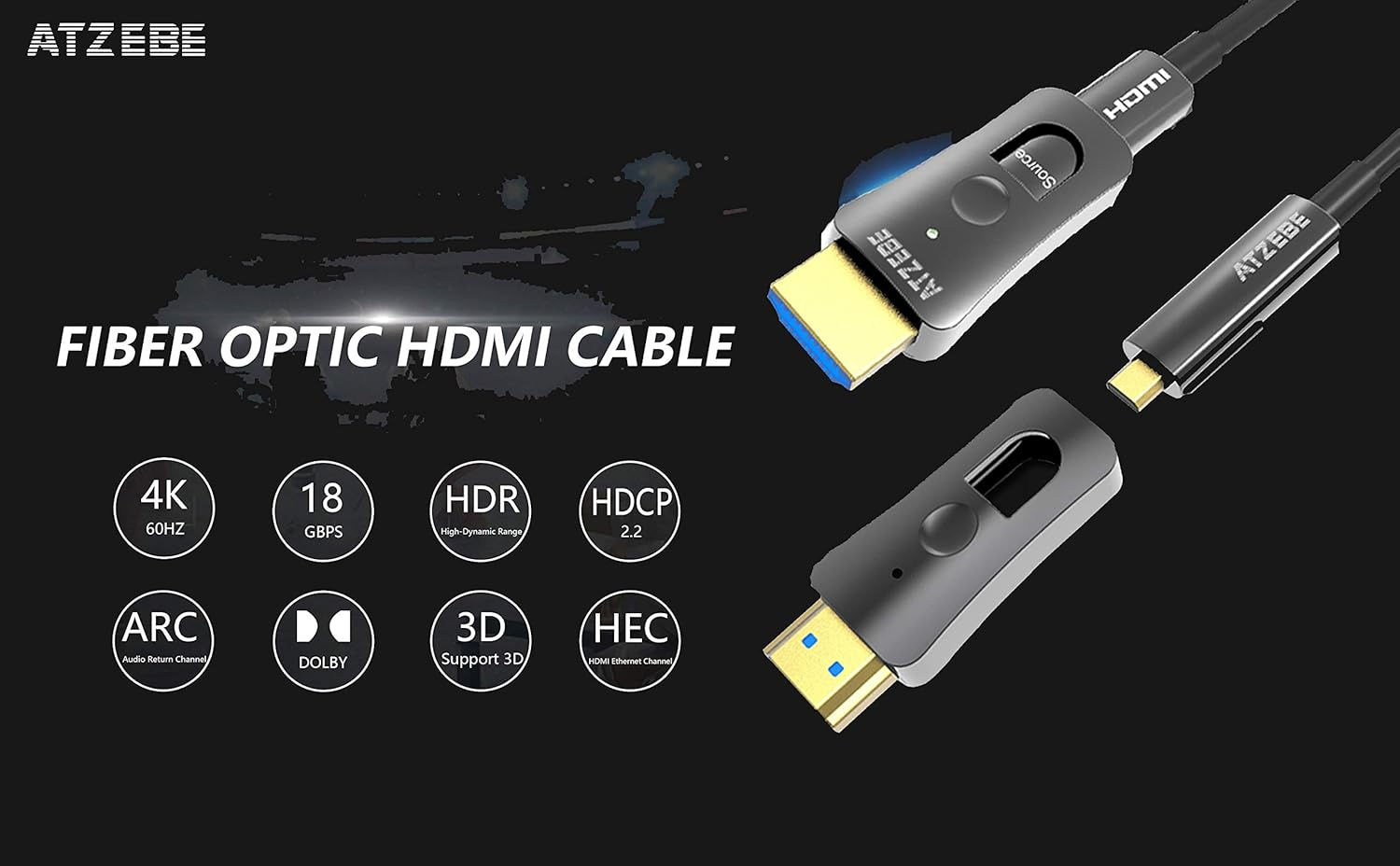 ATZEBE HDMI Fibre Optic Cable -15 M, 4K HDMI Cable 2.0 Supports 4K @ 60Hz HDR, YUV4:4 8Bit, 3D, ARC, HEC, CEC, HDCP 2.2 with Dual Micro HDMI and Standard HDMI Connectors image number 5