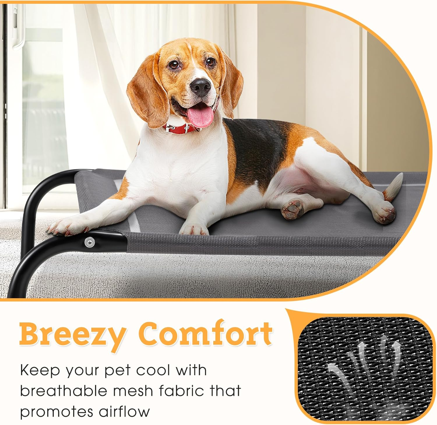 Petzly XXL Cooling Elevated Dog Bed for Large Dogs, Portable Indoor & Outdoor Pet Hammock with Washable Breathable Mesh, Upgraded Frame Dog Cot with Skid-Resistant Feet - Grey, 137X90X20Cm