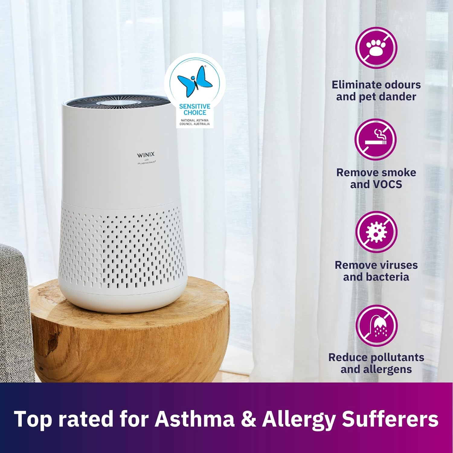 Winix Compact 4-Stage Hospital Grade True HEPA Air Purifier AUS-0850AAPU, Suitable for Areas up to 59M2, Activated Carbon Filter, White image number 4