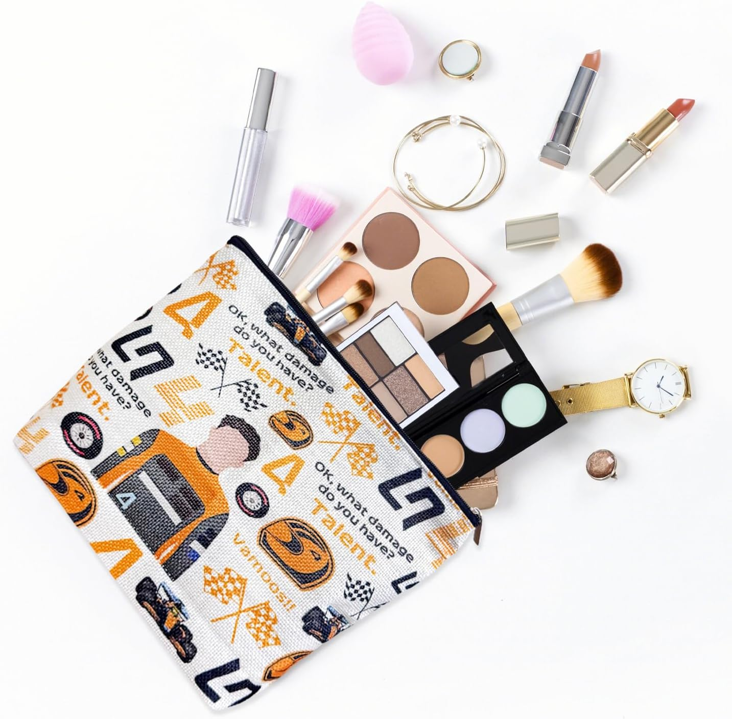 1 Orange Racing Cosmetic Bag, 1 Silver Racing Pendant Cosmetic Storage Bag, Outdoor Travel Toiletry Bag, Mini Keychain Pendant