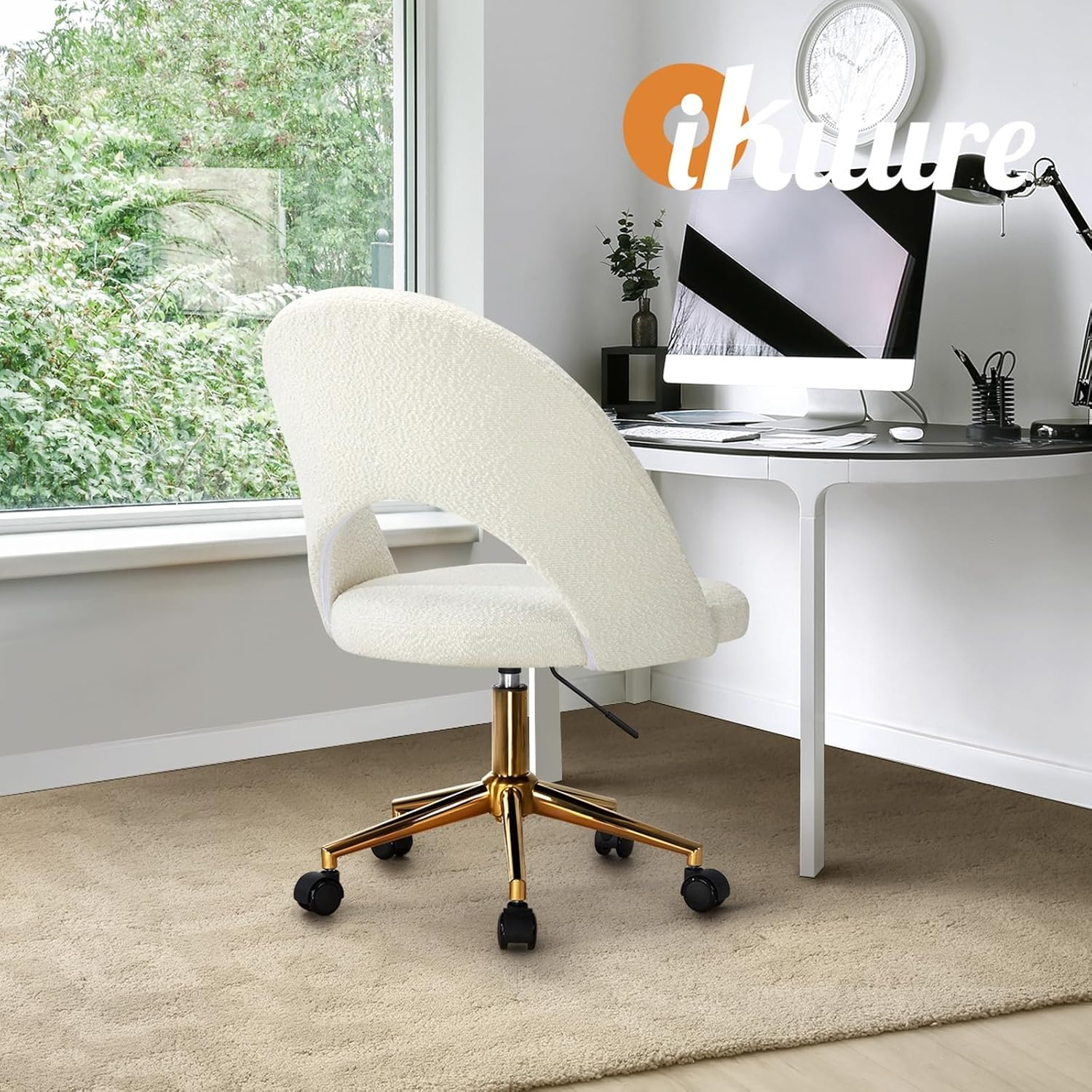 Oikiture Office Desk Chair with Boucle Cover Armless Home Office Chair for Home Office Bedroom White and Gold image number 5