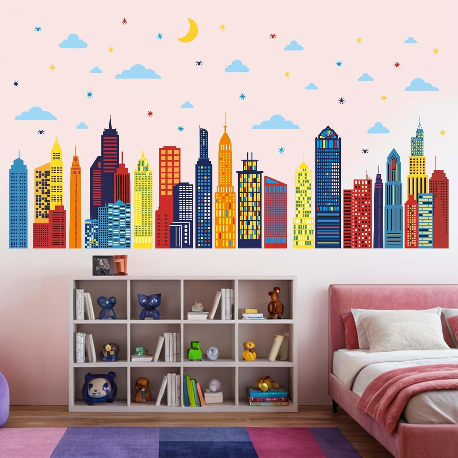 Colorful City Skyline Wall Stickers - City Building Silhouette Wall Decals - Boys Nursery Kids Bedroom Living Room Wall Decor image number 3