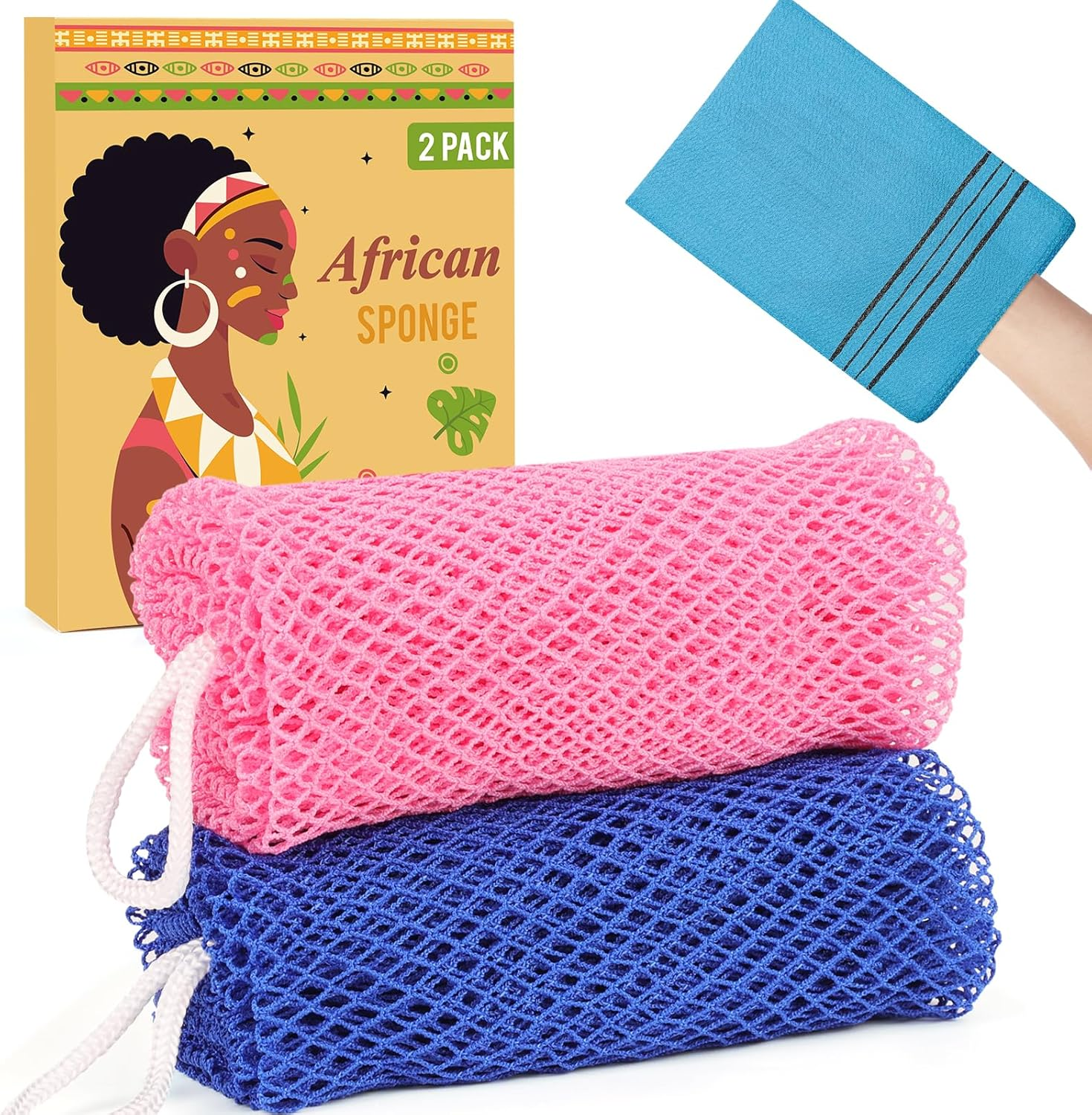 African Net Sponge Authentic - 2 Pack Afro Scrubber Bath Loofah Exfoliating Net Sponge for Shower, African Bath Sponges Exfoliator and Exfoliating Mitt for Most Skin Back Scrub Washer Accessories