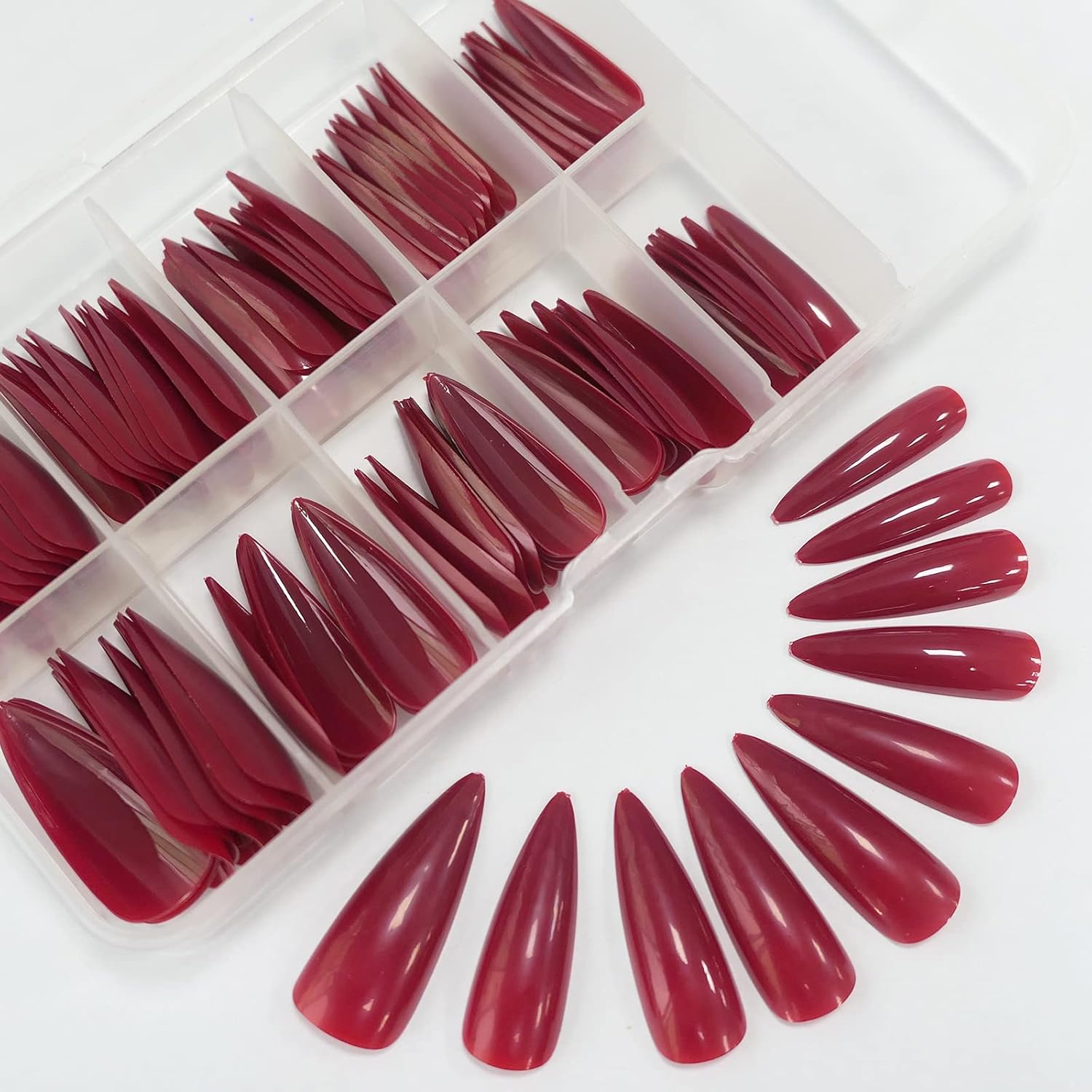 Medium Long Press on Nails,Glossy Fake Nail 100Pc Full Cover Acrylic Long Stiletto False Nail Art Tips Fingernails for Beginner Women and Girls Manicure(Peach Pink） image number 6