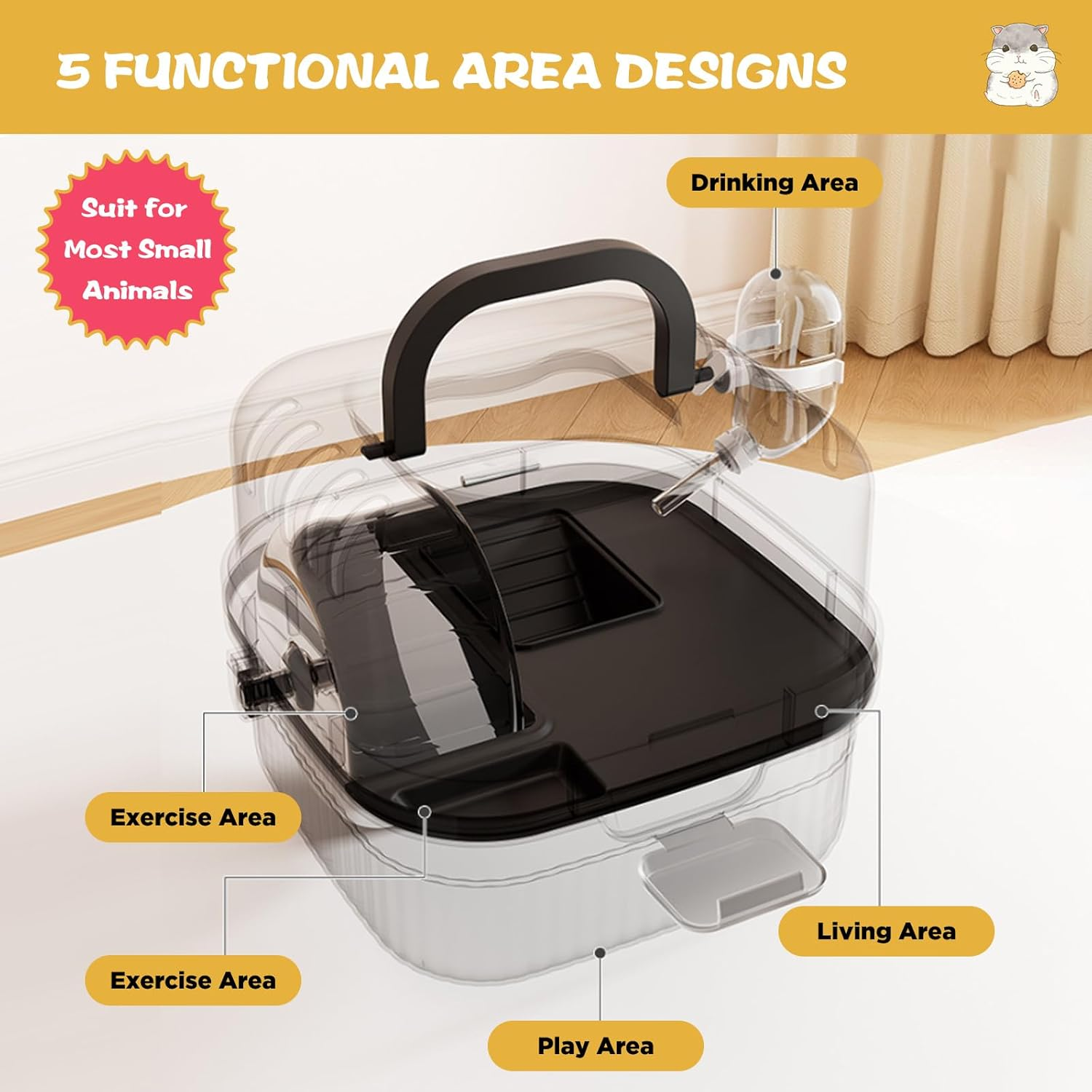 SUSOO 2-Tier Hamster Carrier with Hidden Carry Handle,Portable Small Animal Travel Cage with Water Bottle,Food Dish and Exercise Wheel,Outdoor Vacation House for Guinea Pigs,Dwarf Hamsters & Toy Pet image number 5