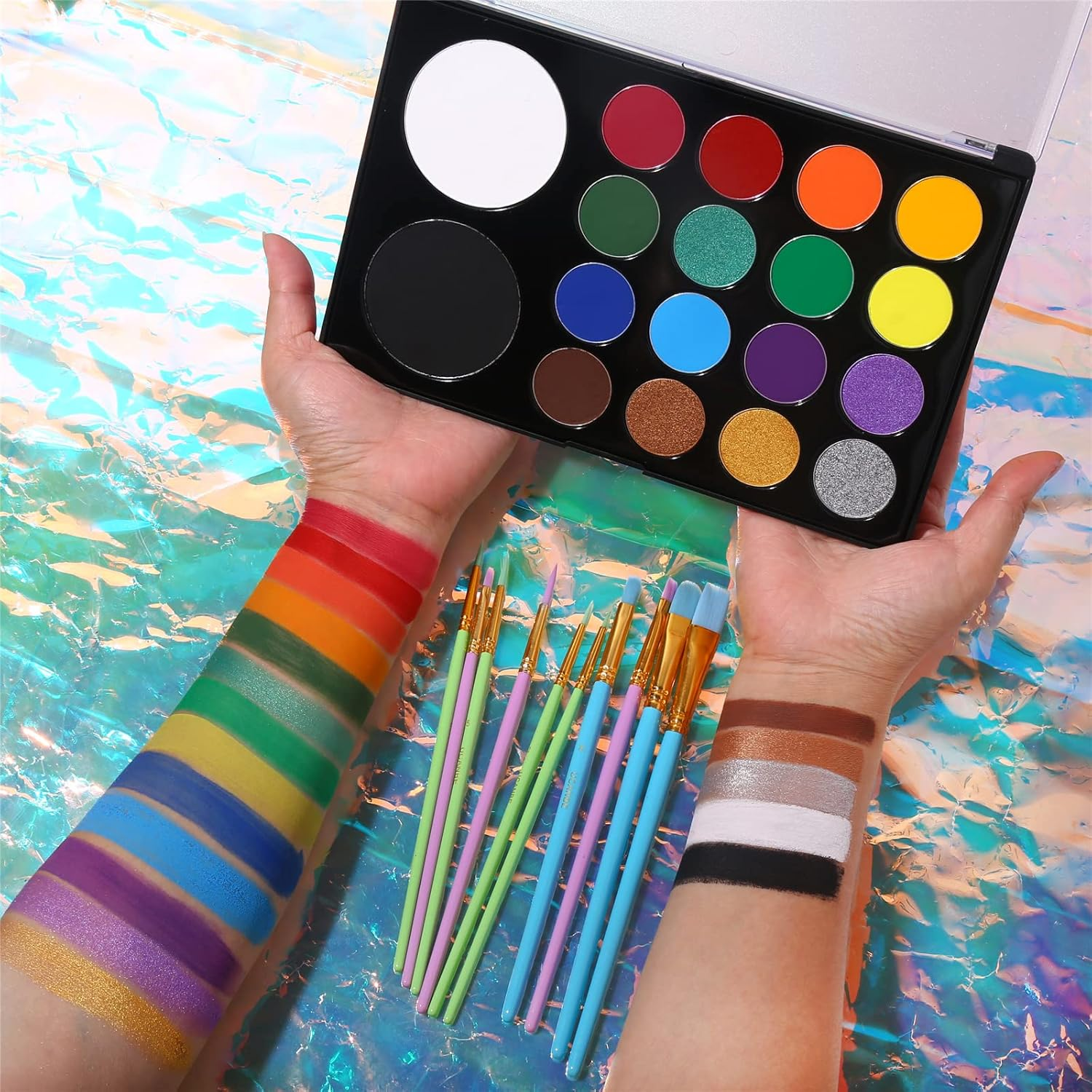 UCANBE Face Paint Kit + 10Pcs Paint Brush Water Activated Body Paint SFX Makeup Palette for Cosplay Halloween Black White Face Painting Kits for Adults Matte Neon Special Effects Makeup Kit image number 5