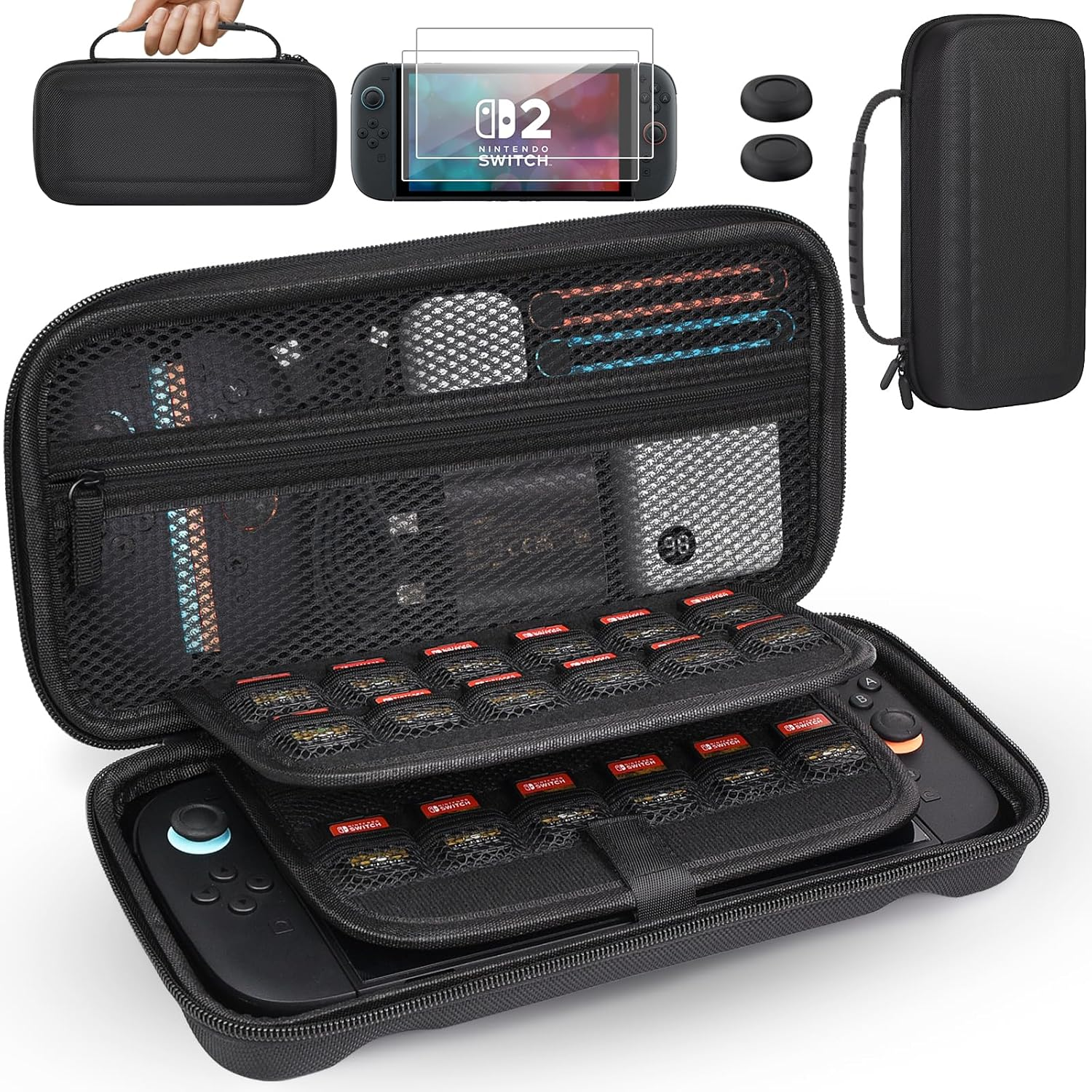 THRAU Nintendo Switch 2 Carrying Case Larger Capacity Hard Shell Travel Pouch with 2 Screen Protectors, Thumb Grips, 24 Game Card Slots for Switch 2 Console & Accessories (Larger Version) image number 2