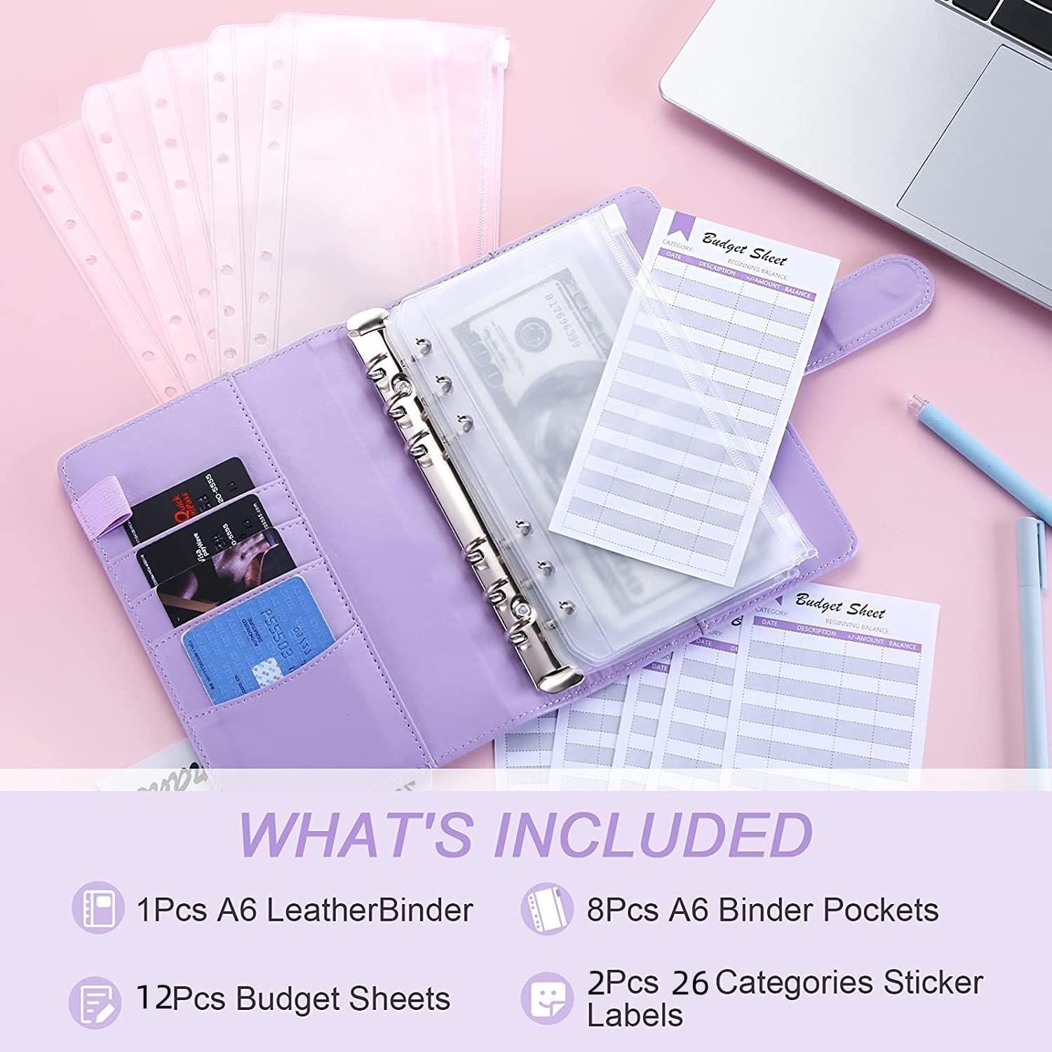 A6 PU Leather Binder Budget Planner Organizer 6 Ring Binder Cover, 8Pcs Binder Pockets, 12Pcs Expense Budget Sheets & 2Pcs Categories Sticker Labels, Money Saving Binder for Budgeting(Purple) image number 1