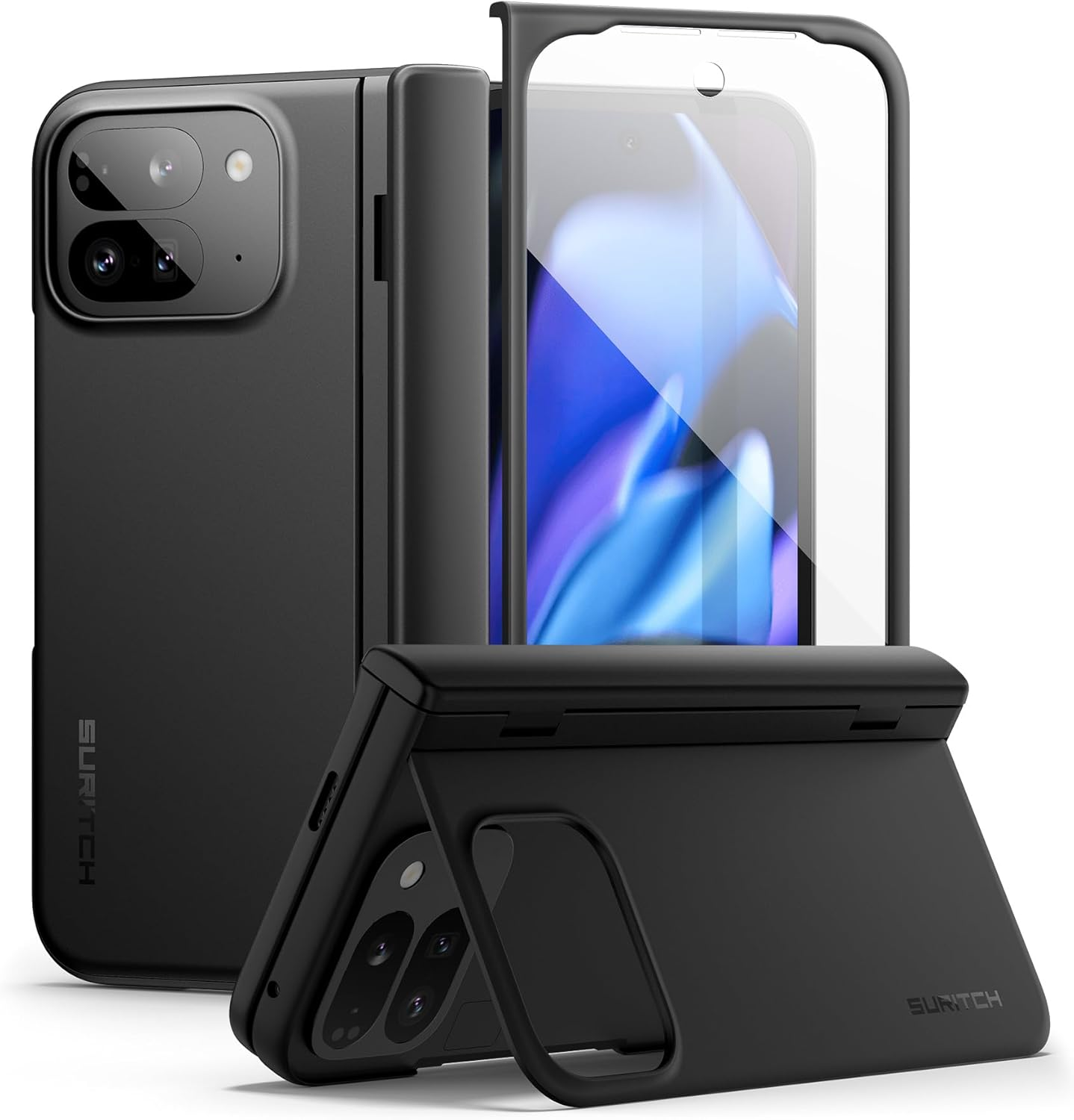 SURITCH for Google Pixel 9 Pro Fold Case, Built-In Kickstand, Screen Protector, Hinge Protection, Phone Case for Pixel 9 Pro Fold (2024), Black
