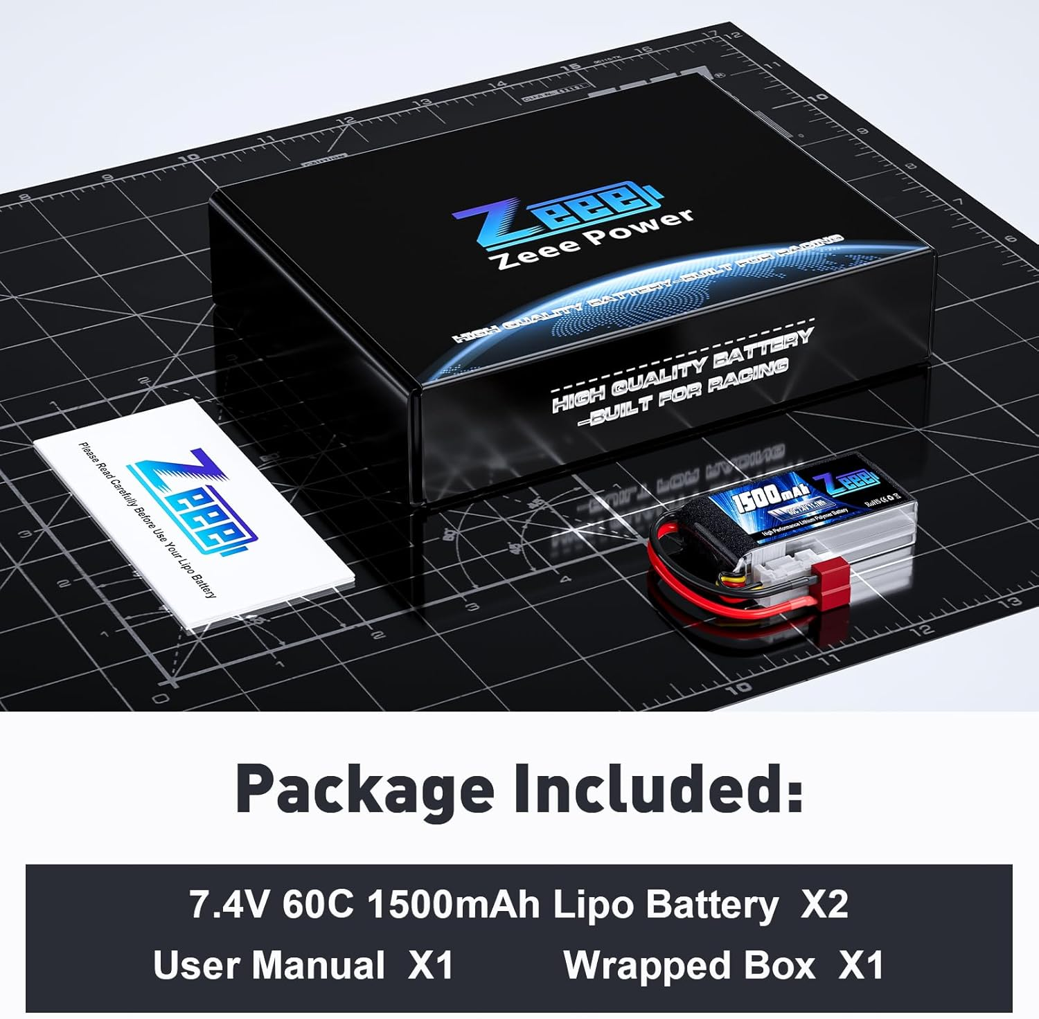 Zeee 2S Lipo Battery 1500Mah 7.4V 60C RC Battery with Deans Plug for FPV Drone Quadcopter Helicopter Airplane RC Boat RC Car RC Models(2 Pack) image number 1
