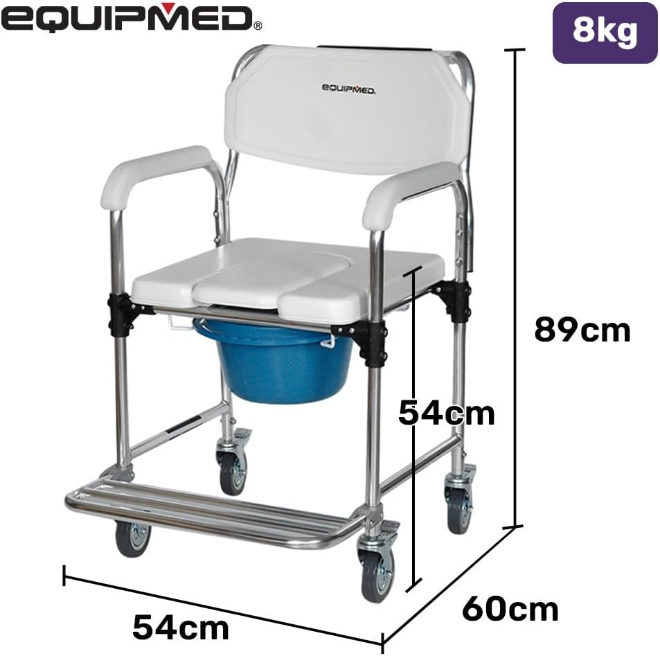 Equipmed Commode Shower Chair, over Toilet or Bedside 136Kg Capacity Aluminium Frame with Wheels, White/Blue image number 3