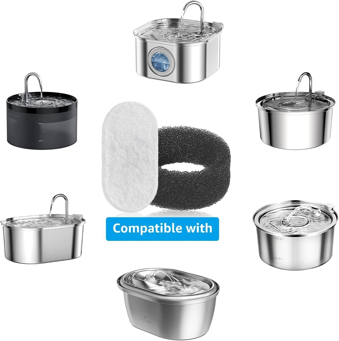 16Pcs Cat Water Fountain Filter, Pet Filters Replacement for 108Oz/3.2L&67Oz/2L&135Oz/4L Stainless Steel Pet Water Drinking Fountain, Replacement Filters for Pet Drinking (8 Filters & 8 Sponges) image number 1