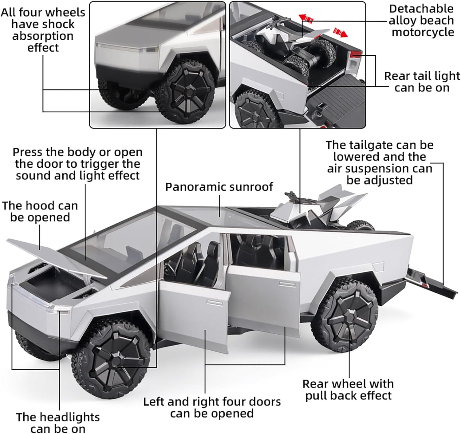 Boy Toy Pickup Truck 1/24Cybertruck Die-Cast Metal Model Car, with Sound and Light Pull Back, Suitable for Children Aged 3 and above as Birthday Gifts (Silver, Equipped with Beach Motorcycle) image number 2
