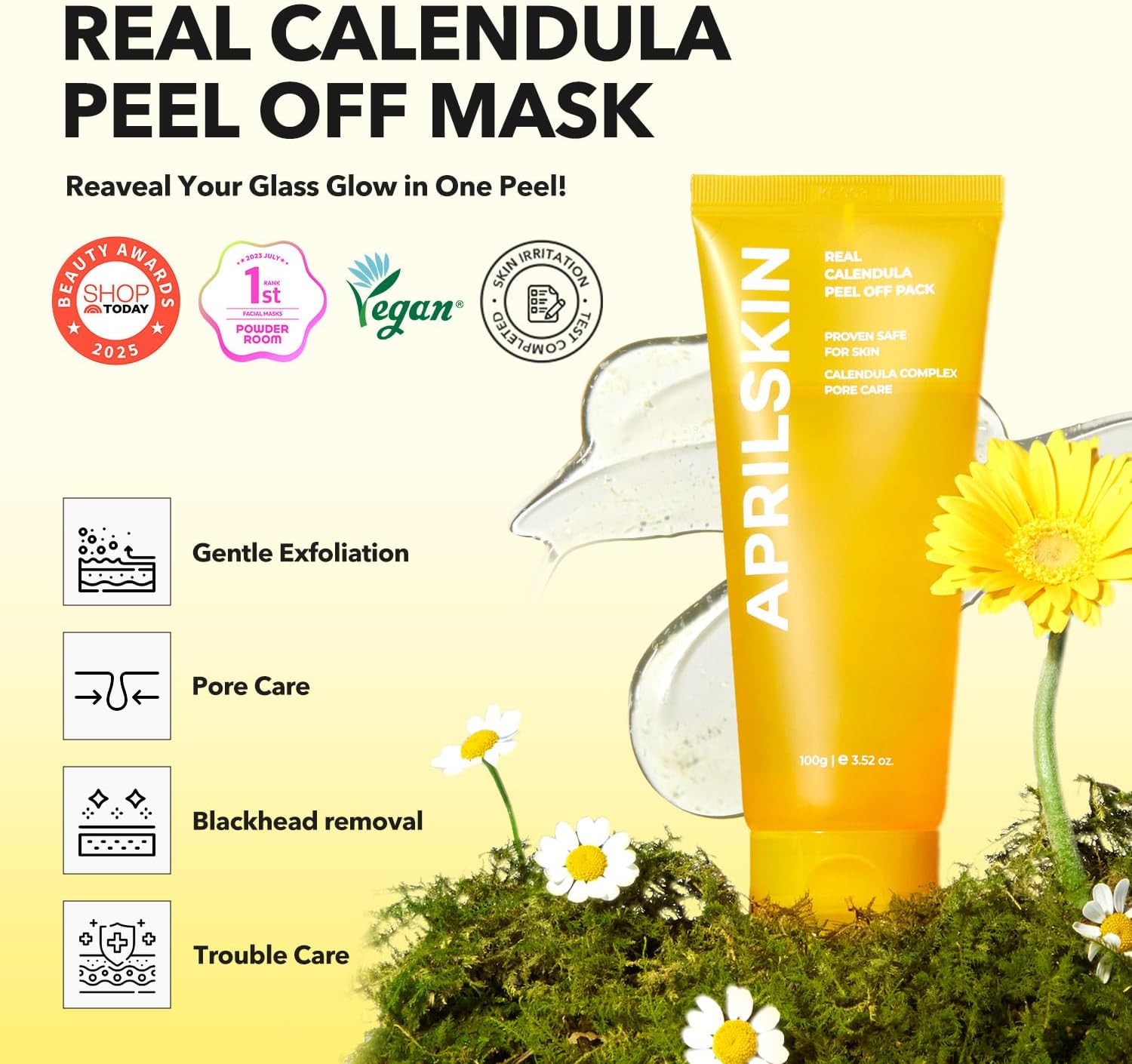 APRILSKIN Calendula Flower-Infused Facial Peel off Mask, 3.52 Fl. Oz, PHA, BHA & Niacinamide Gently Exfoliates, Removes Impurities, Improves Uneven Skin Tone, and Minimizes Pores, Korean Skincare