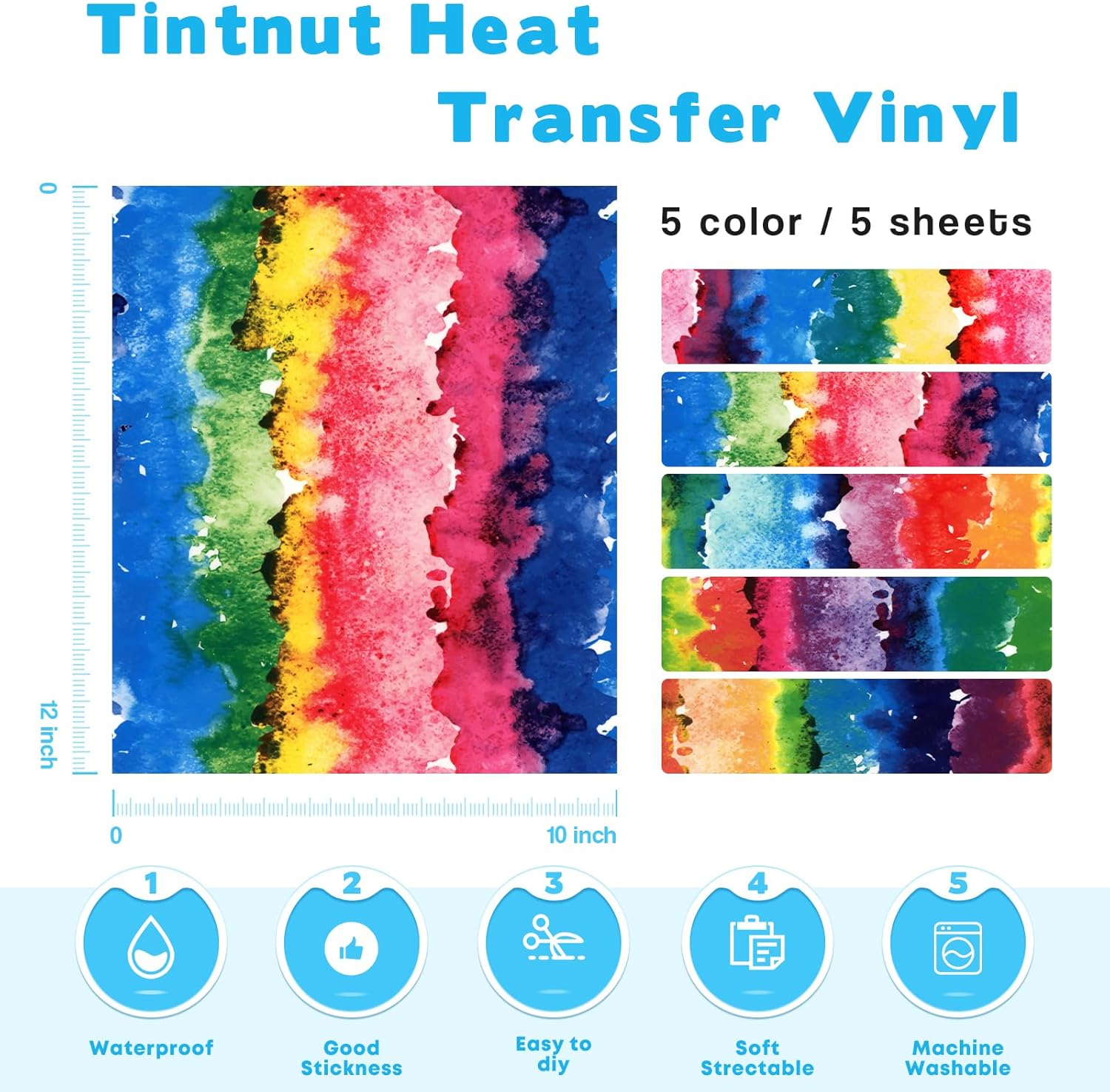 Tintnut Watercolor HTV Heat Transfer Vinyl Iron-On-Vinyl - 12 X 10 Inch 5 Color Transfer T-Shirt,Vast,Cap for Cricut & Cameo DIY Handmade Craft image number 4