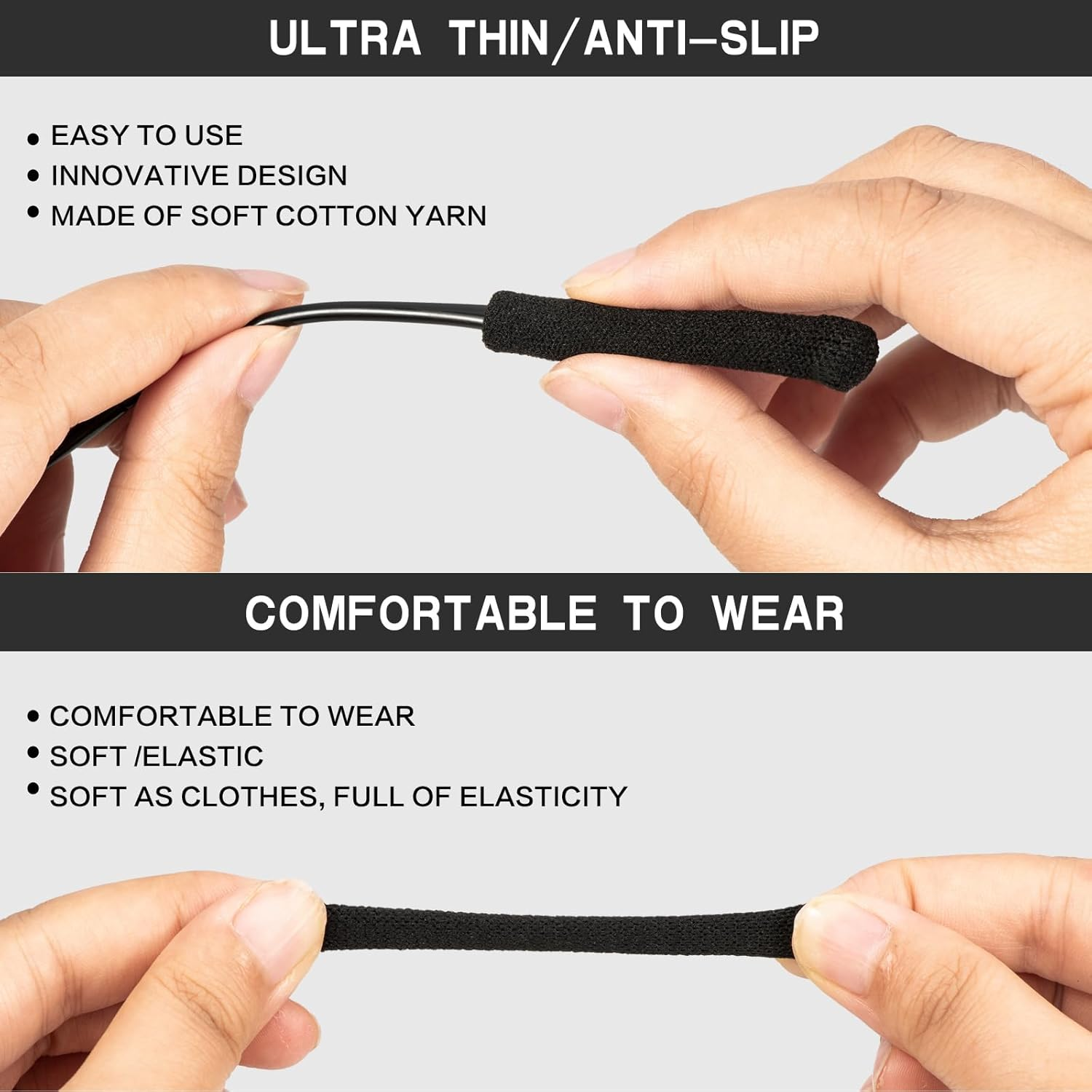 Eyeglasses Ear Cushions for Glasses Ear Cushion for Glasses behind Ears Eye Glasses Ear Grippers Soft Knitting Cotton Eyeglasses Temple Tips Sleeve Glasses Arm Cushion anti Slip, Black, 33Mm-50Mm, image number 1