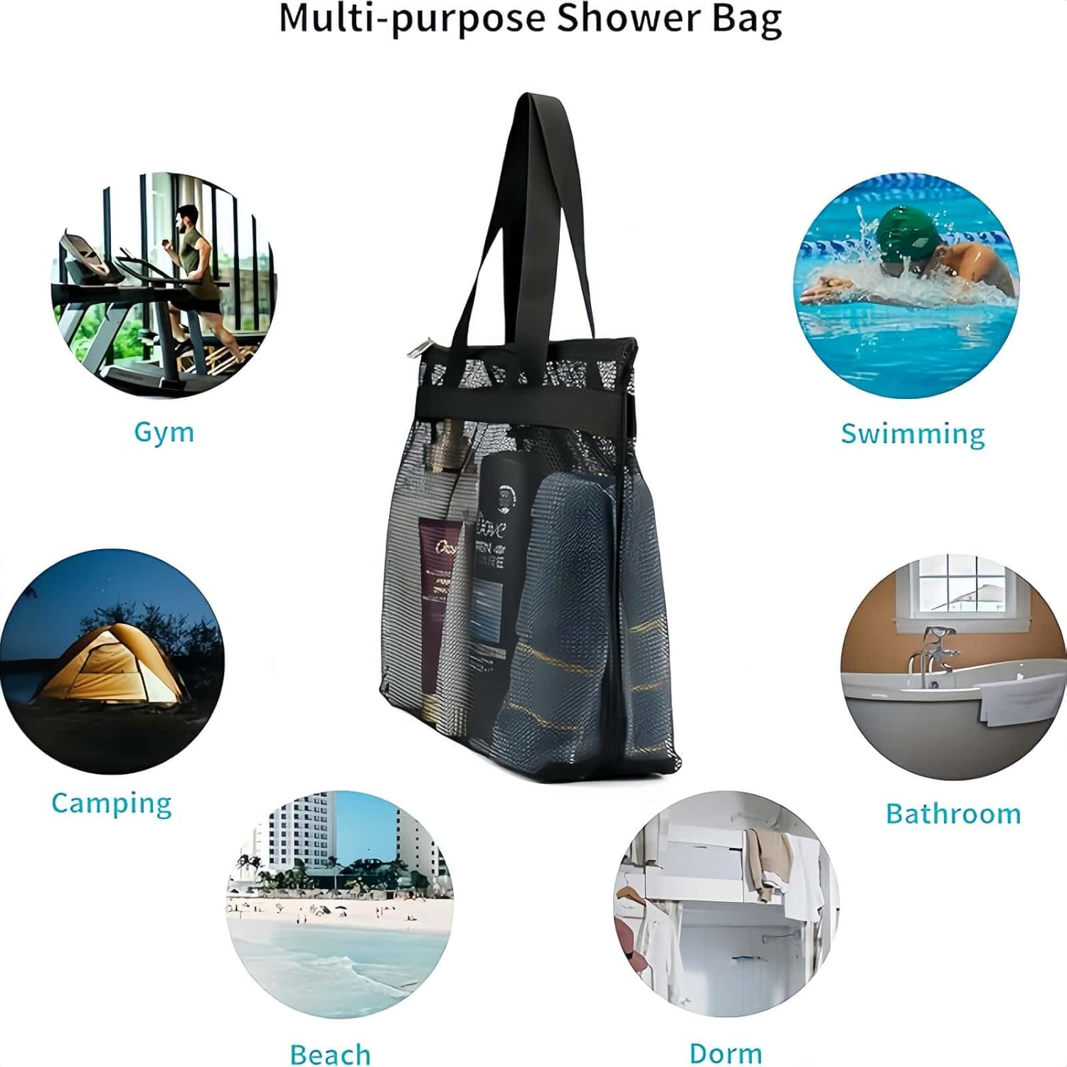 HOLDAWN Portable Toiletry Bag, Quick Dry Mesh Shower Organizer Bags for Travel, Gym, Beach, Bathroom, University Essentials (Black)