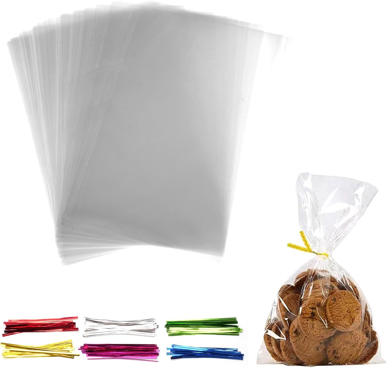 VANANA 100 PCS Cellophane Bags with Colorful Twist Ties, Clear Cookies Bags Gift Goodie Treat Biscuit Bakery Candy Chocolate Gift Food Soap Party Favor Supplies (13X20Cm/5.1X7.9In)