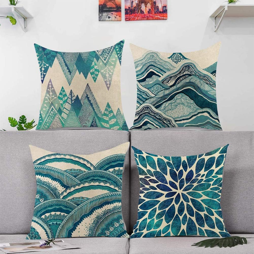 Jasfura Set of 4 Bohemia Teal Throw Pillow Covers 18X18 Inch Ocean Decorative Couch Pillow Cases Sea Cotton Linen Case Tuquoise Coastal Square Cushion Covers for Sofa, Bed and Car (Green Wave) image number 4