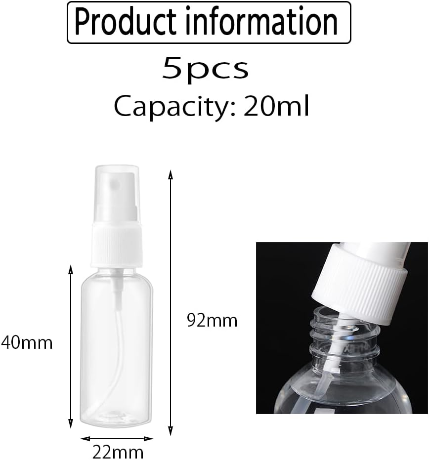 5Pack Clear Spray Bottles 20Ml Empty Fine Mist Portable Mini Travel Set, for Essential Oils Small Refillable Liquid Cosmetic Containers image number 4
