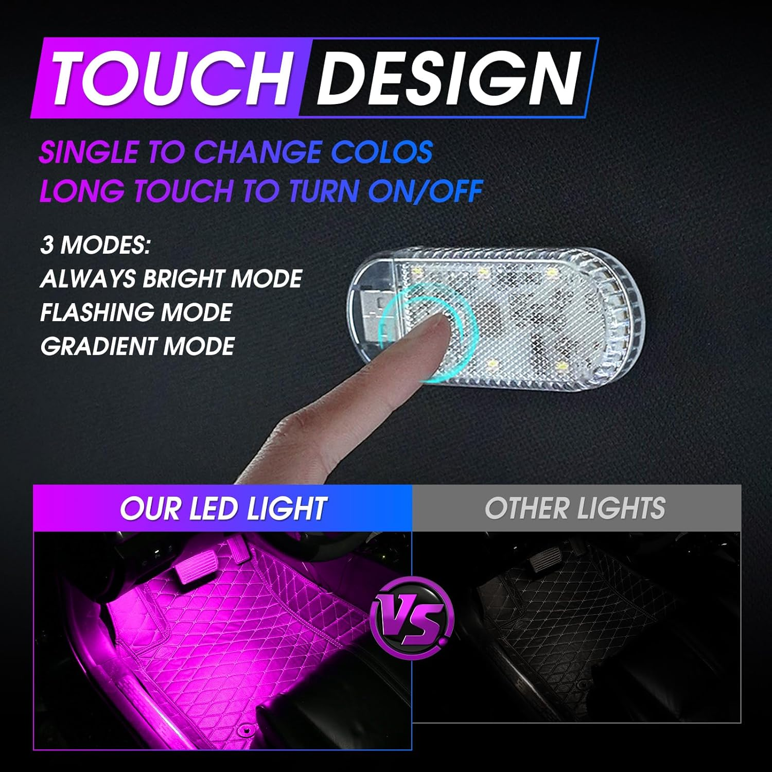 Kaidengzhe Car LED Lights Interior Wireless, RGB 7 Colors Magnetic Neon Touch Light, USB Rechargeable Interior Accent Ambient Lighting, Adjustable & Portable Night Lights for Car Trunk Room, 4 PCS image number 3