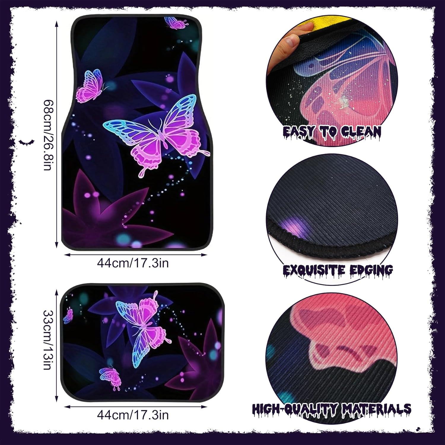 Automotive Floor Mats, Universal Fit All Weather Car Carpet Full Set, Halloween Skeletons Skull Butterfly Bats Printed Floor Mats Rugs Decor for Sedan, Suvs, Truck, Vans (Purple-Butterfly) - Blue-Skull image number 7