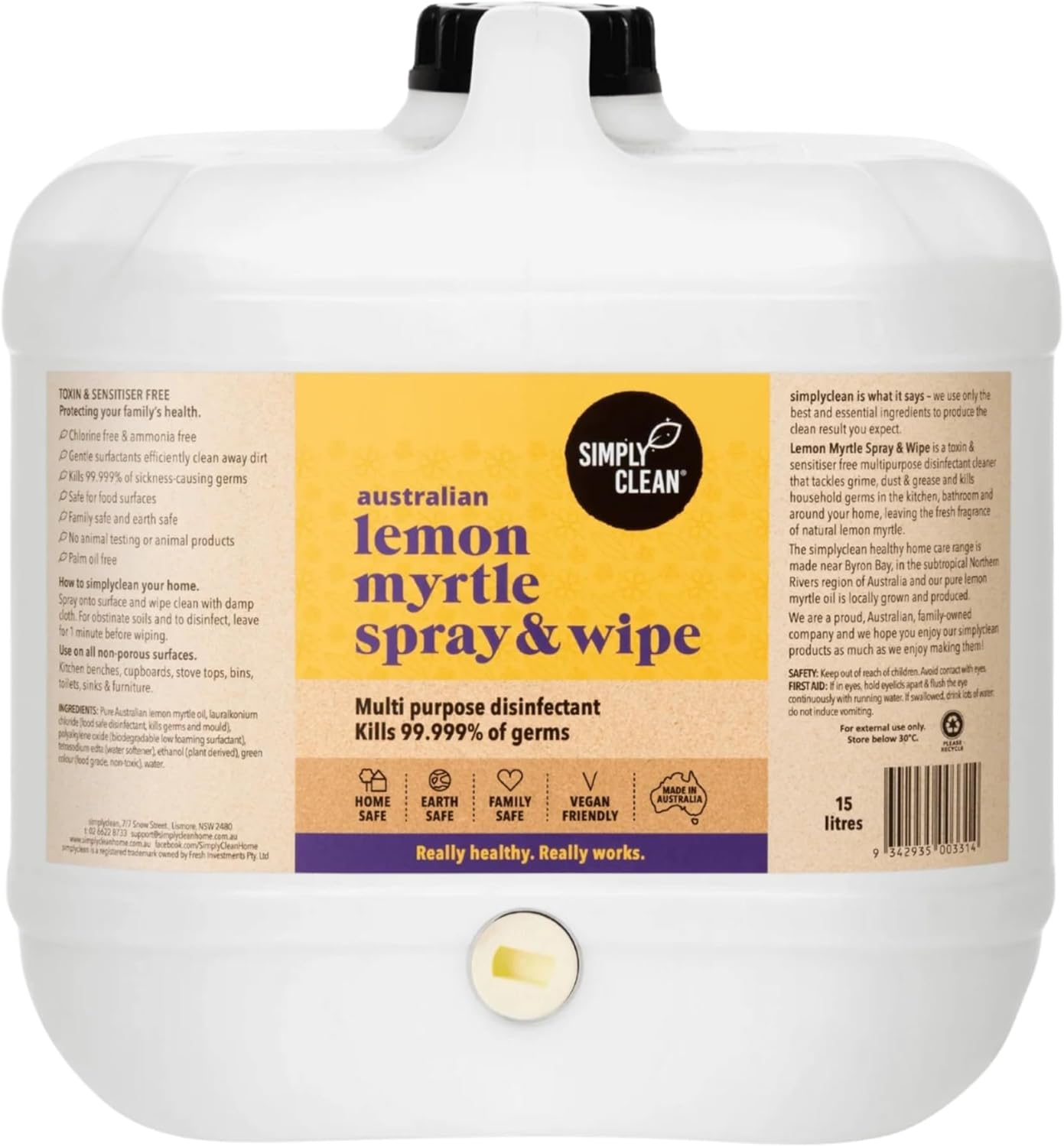 Simplyclean Lemon Myrtle Spray & Wipe - Natural Multi-Purpose Cleaner with Australian Lemon Myrtle Essential Oil - Kitchen and Bathroom Surface Cleaner - Ammonia Free - All Purpose Spray - 15 Ltr image number 4