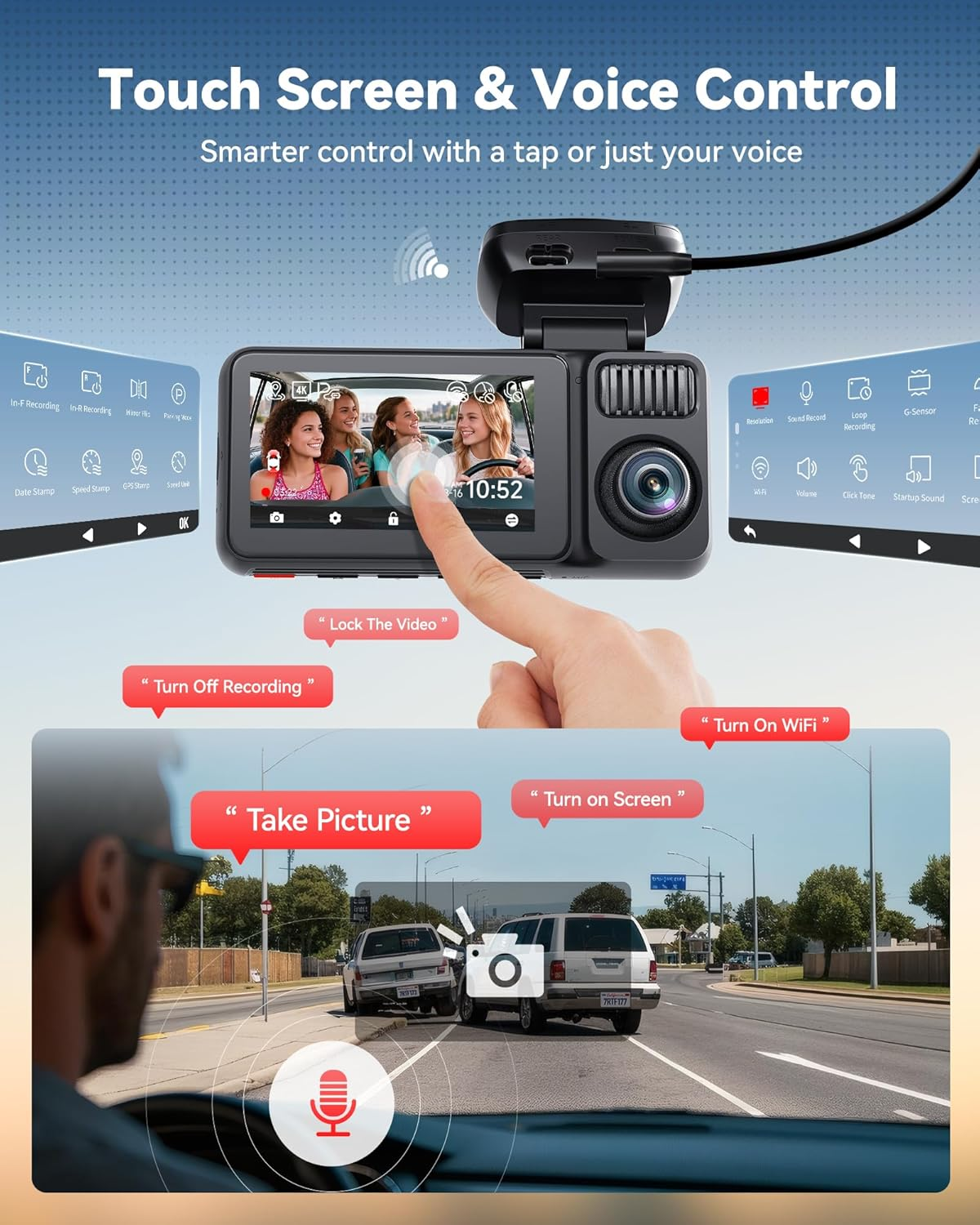 REDTIGER 4 Channel Dash Cam 2.7K+1080P*3, STARVIS 2,Included 128GB Card, 360&deg; Front inside and Rear Cabin Car Camera, IR Night Vision, 5Ghz Wifi 6, GPS, Smart Voice Control, Touch Screen(F17 Plus) image number 3