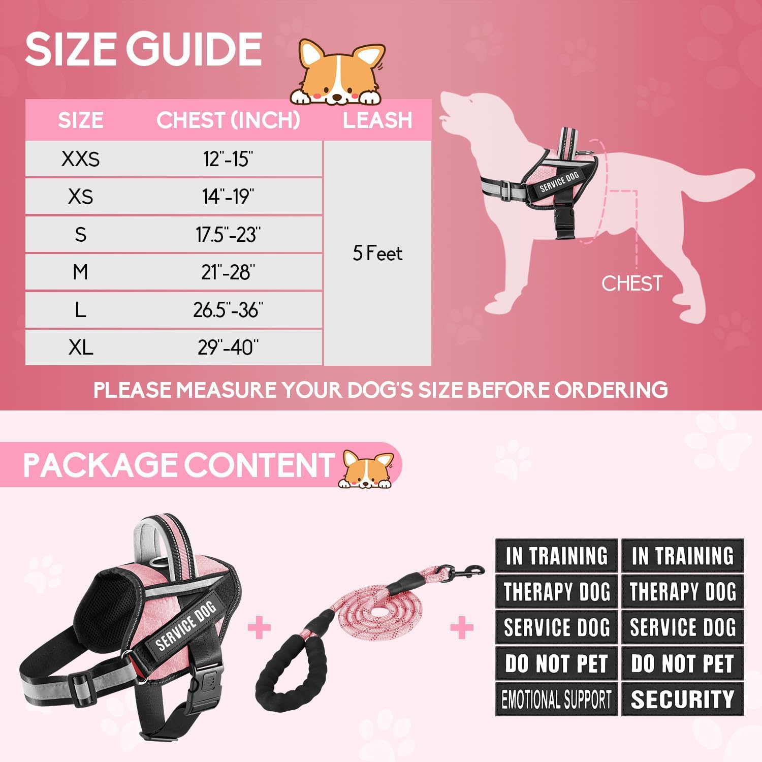 Service Dog Vest Harness and Leash Set, Animire in Training Dog Harness with 9 Dog Patches, Reflective Dog Leash with Soft Padded Handle for Small, Medium, Large, and Extra-Large Dogs (RED,XL) Pink image number 1