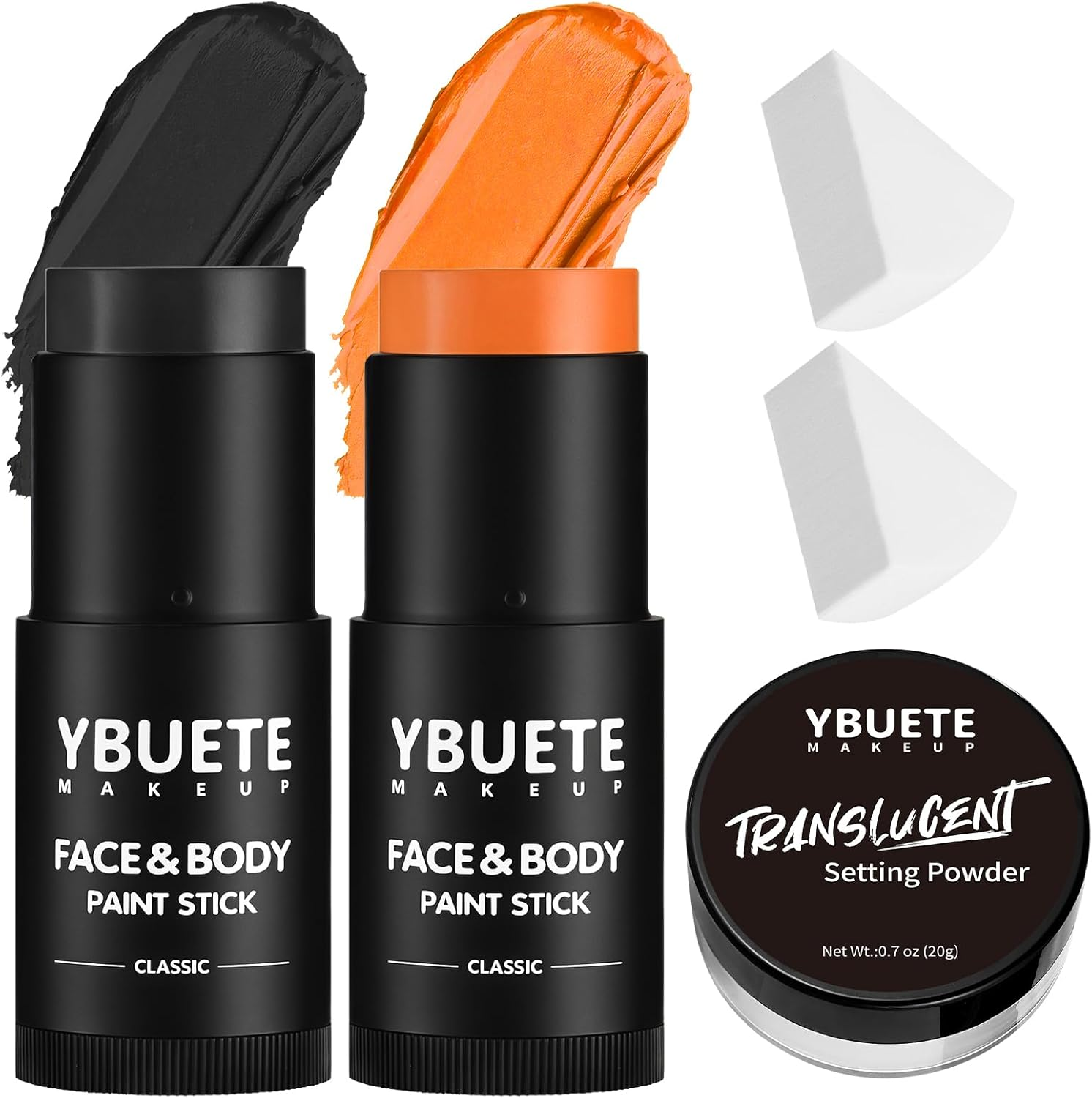 YBUETE White Black Face Body Paint Stick Set with Translucent Setting Powder and Sponges, Professional Full Coverage Face Painting for Adults Halloween Cosplay SFX Skull Zombie Skeleton Goth Makeup