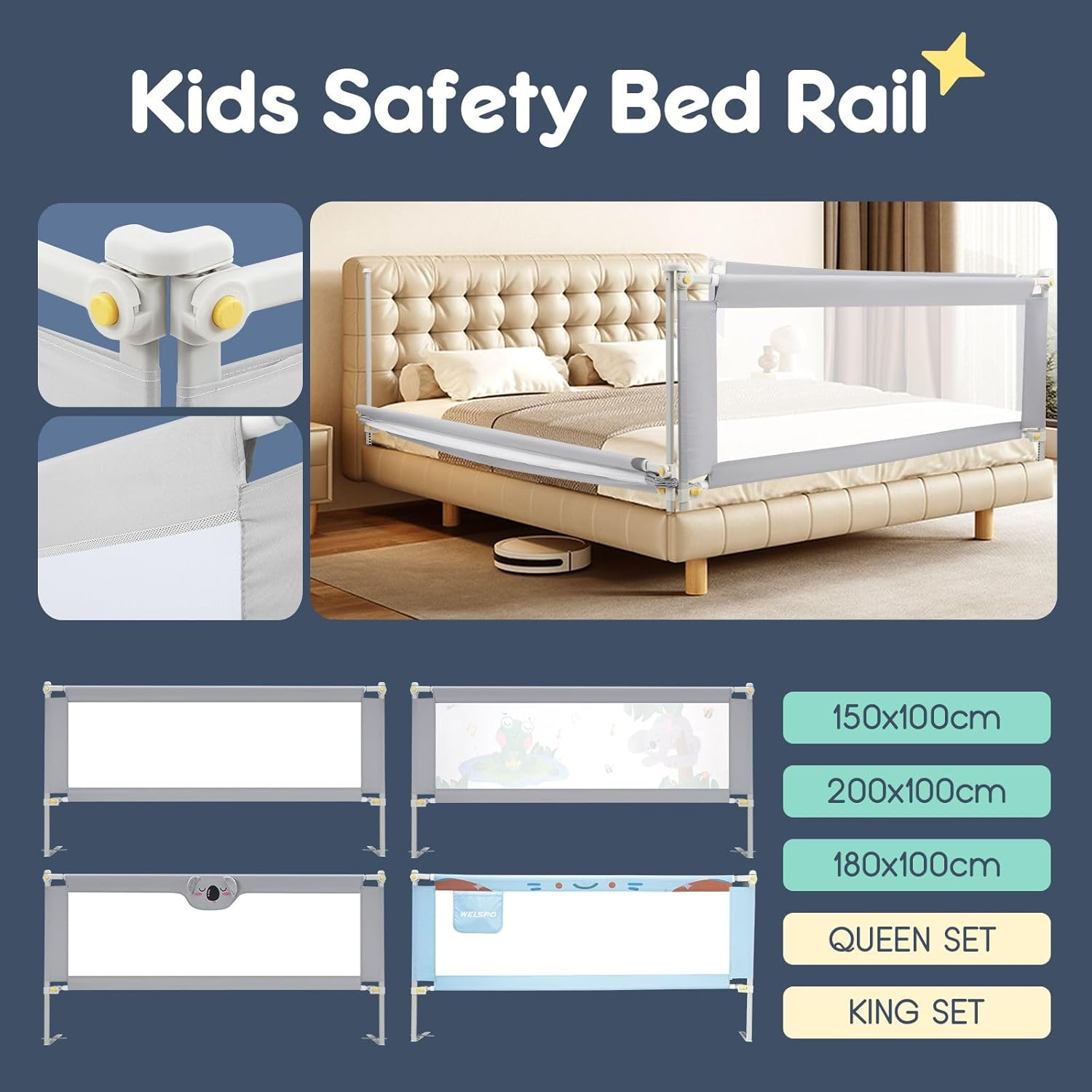 KIDBOT Kids Bed Rail 3 Piece Bedrails King Toddler Side Safety Guard Barrier Child Cot Fence Baby Fall Protection Mesh Fabric Double Lock Adjustable Folding image number 3