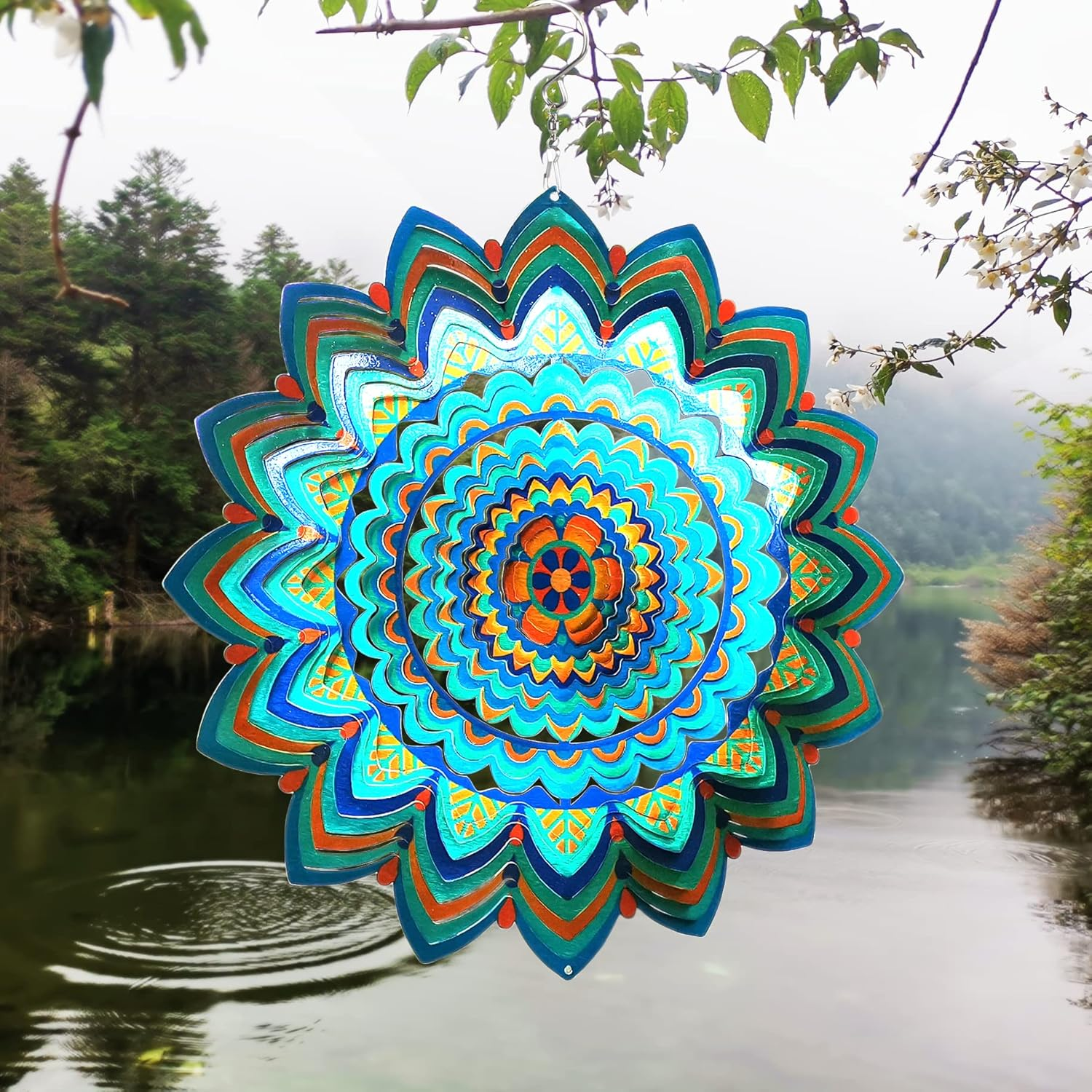 Hs'S Creation Wind Spinner Hanging Kinetic 19 Gauge 3D Metal with Swivel Hooks Sun Catcher for Outdoor Garden Decoration Handcrafted Art Gift Ornaments Sculpture Mandala Lucky Halo 12 Inch image number 4