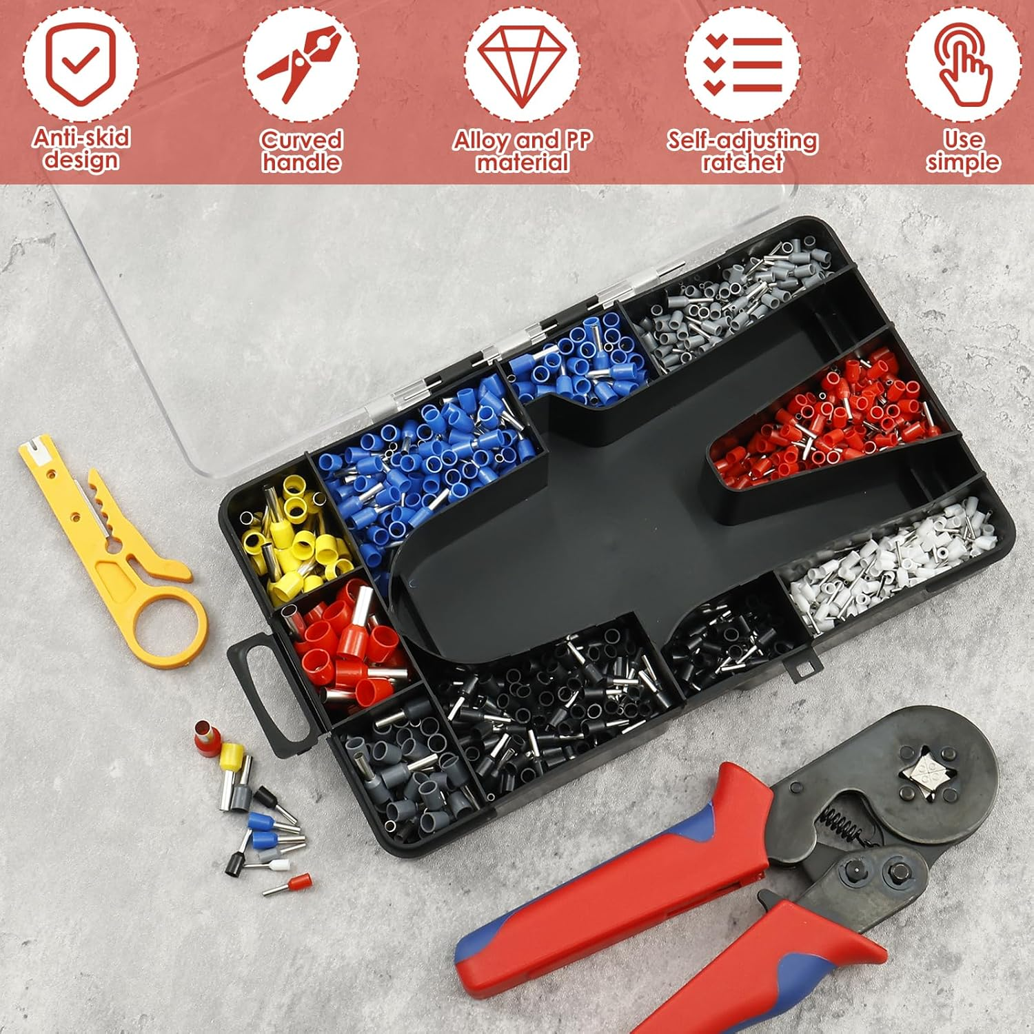Ferrule Crimping Tool Kit AWG23-7 (0.25-10 Mm&sup2;) Hexagonal Ferrule Crimping Pliers Self-Adjustable Crimper Plier Set with 1200PCS Terminal Connector Sleeves (1) image number 1