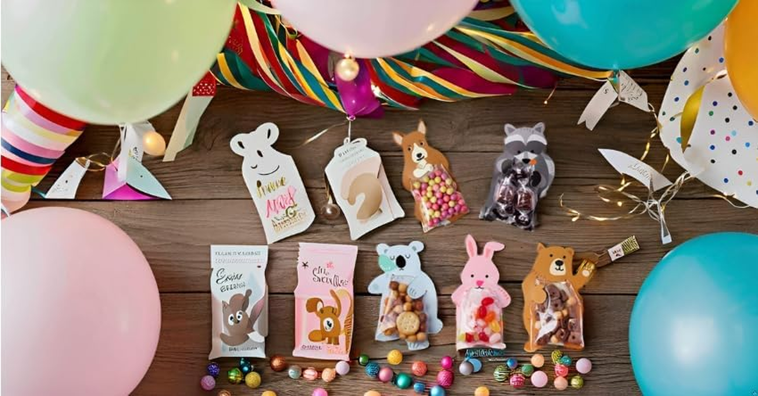 50 PCS Cute Cartoon Animal Cellophane Candy, Cookies Bags - DIY Biscuit Treat Bags, Goody Bags for Birthday,Wedding, Christmas, Self-Adhesive Clear Candy Cookie Poly Gift Bags for Party Favors