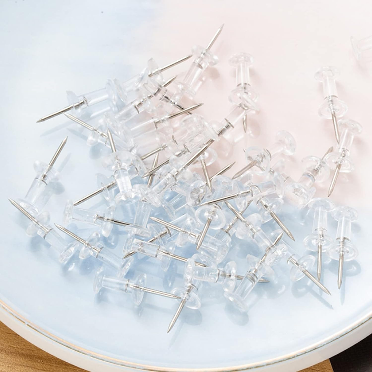 ZHIYE 100Pcs Clear Push Pins, Drawing Pins Thumb Tacks Map Pins with Storage Box for Home Office Pin Board Notice Board Pins image number 3