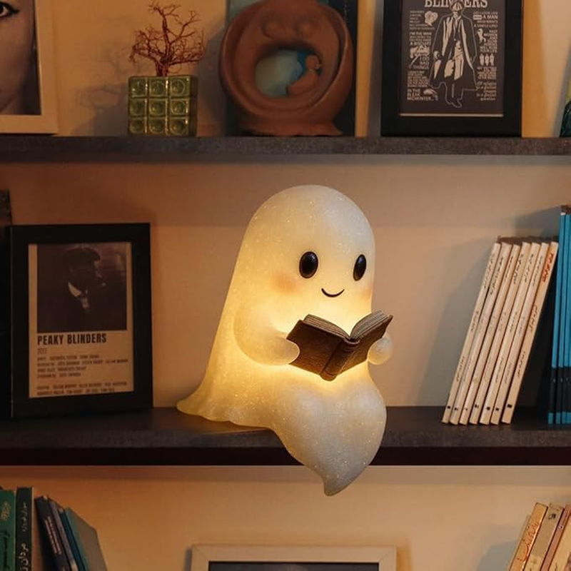 Ghostly Reading Book Lamp, Ghost Warm Lighted Lndoor Figurine Lamps, Adorable Ghost Reading Night Light Halloween Decorlight up Halloween Decor, for Bedroom Study Room, Readers (8.6 Inch) image number 5