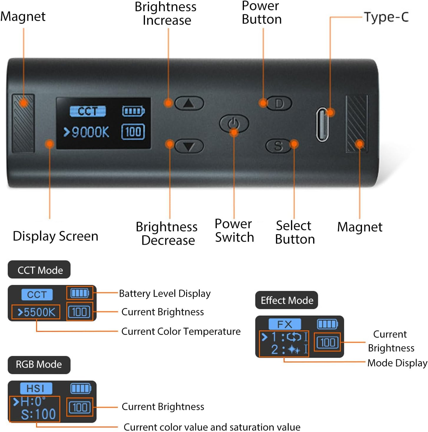 Yechiry RGB LED Video Light Stick, 88 LED Beads 700LUX 120&deg; Lighting Angle 2500K-9000K Portable Magnetic Light Wand with LCD Screen & 13 Scene Effects for Photography Vlogging Party image number 6