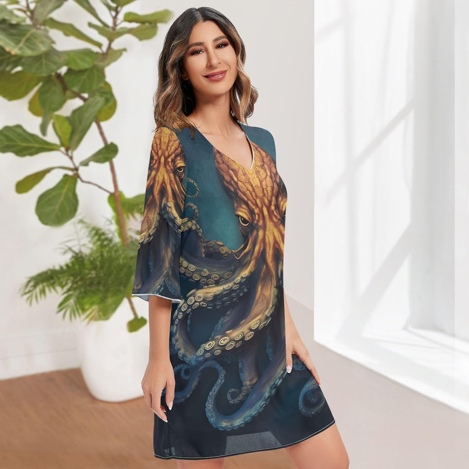 Angry Marine Life Chiffon Dress Printed Line Maternity Dress S-XXL image number 4