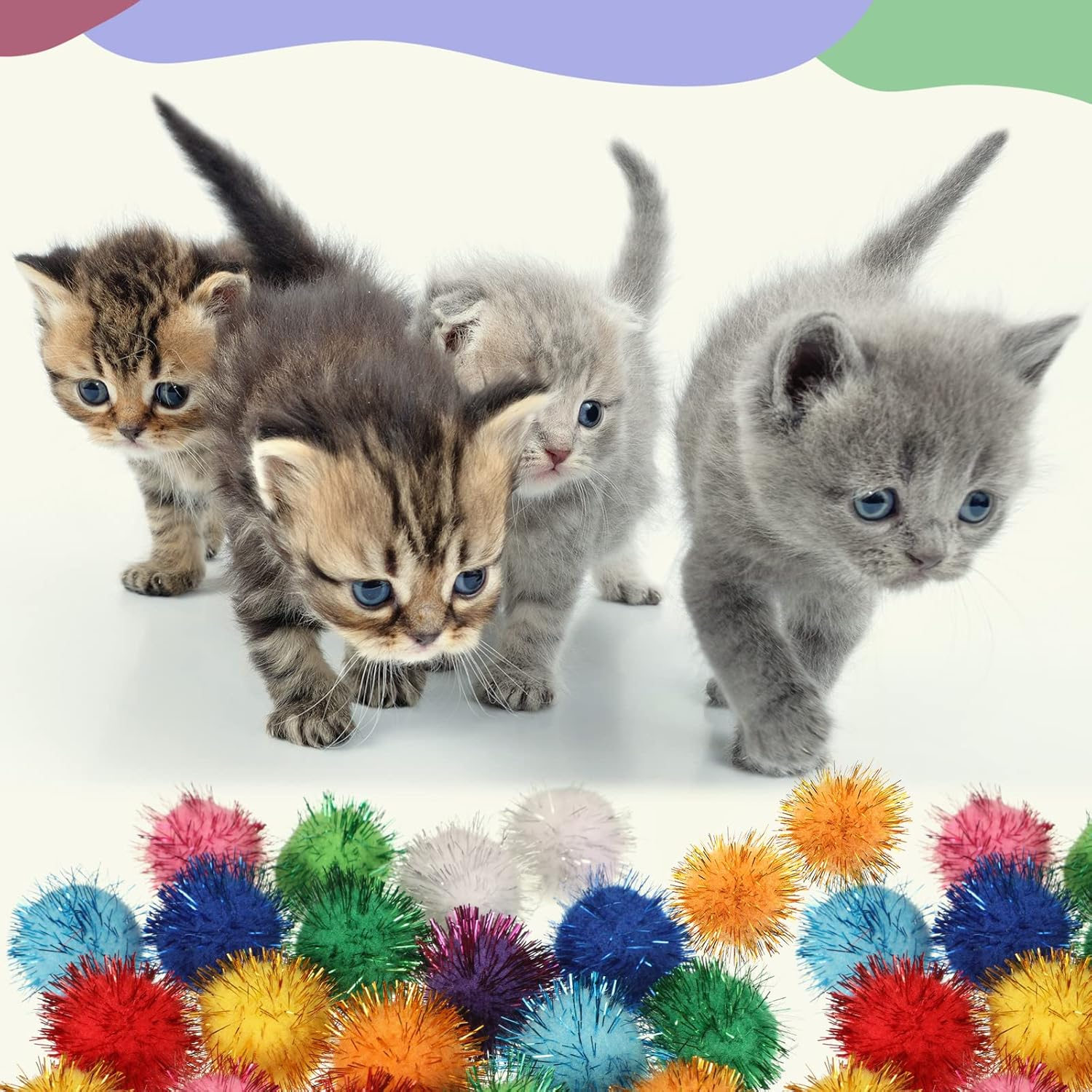 102 Pcs Cat Toys Balls Set 80 Assorted Color Cat Glitter Pom Pom Balls,10 Pcs 2.2 Inch Crinkle Ball Cat Toy Balls 12 Helical Spring Toys Pet Cat Toy Furry Interactive Toy Balls Christmas Party Balls image number 2