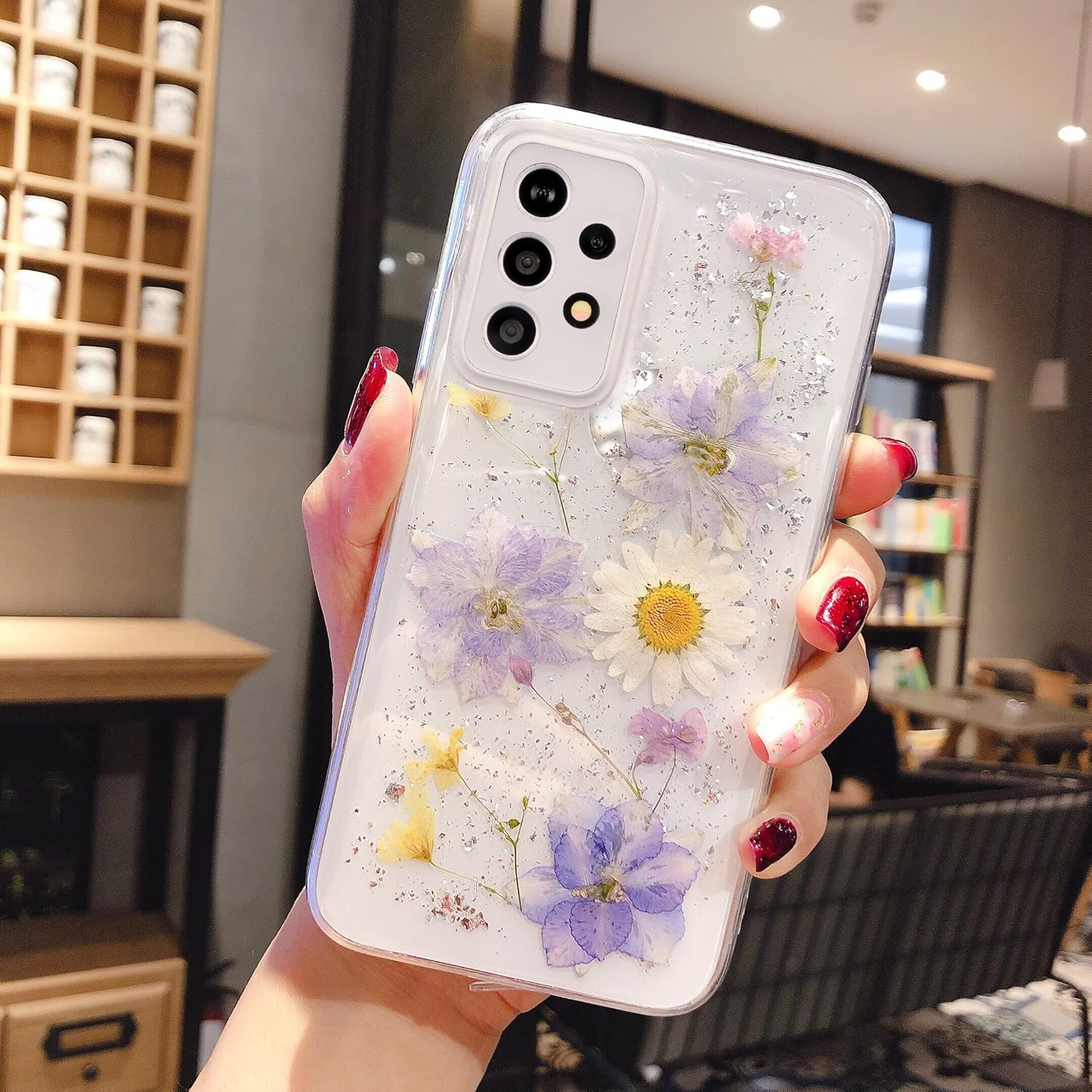 EYZUTAK Dried Flower Case for Samsung Galaxy S23, Soft Slim TPU Clear Sparkle Stars Glitter Silicone Gel Shockproof Flower Protective Case Light Blue