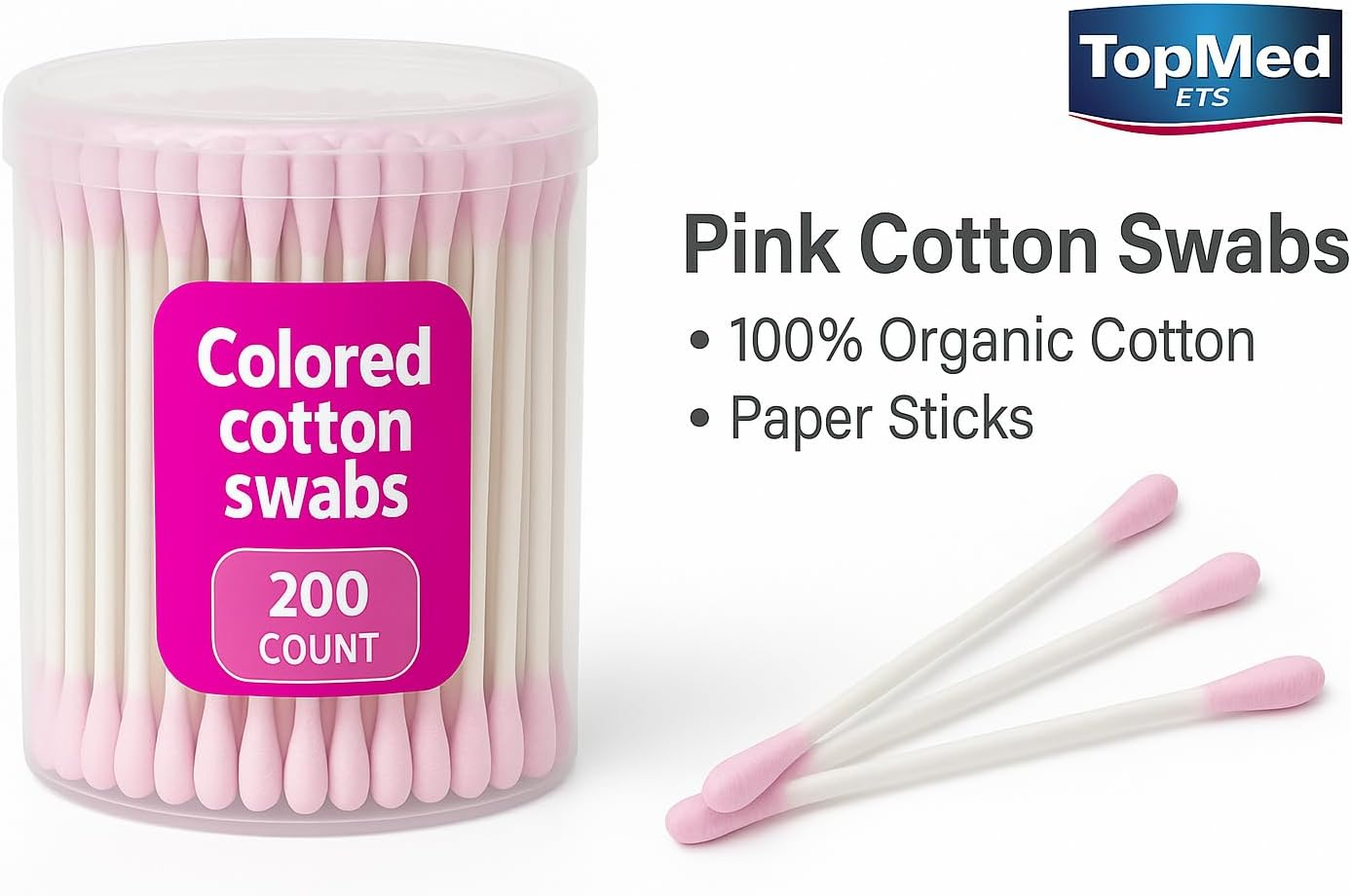 TOPMED PAPER COLOR COTTON BUDS in a round BOX 200 PCS PINK 100% Cotton Sticks
