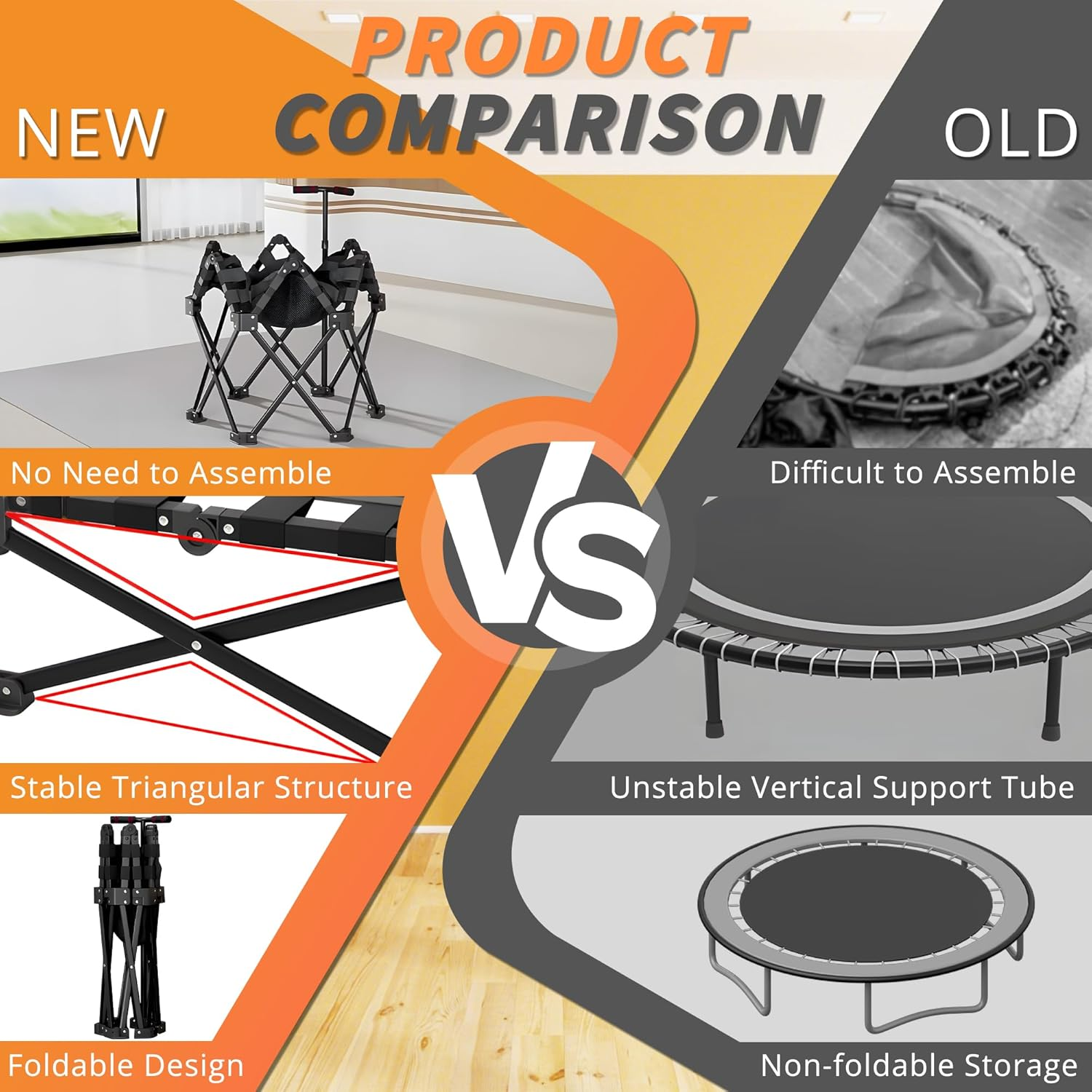 Foldable Mini Trampoline 42" Rebounder Max Load 205KG, Fitness Trampolines with T-Shaped Adjustable Foam Handle, Suitable for Adult and Kids Indoor/Outdoor Workout image number 3