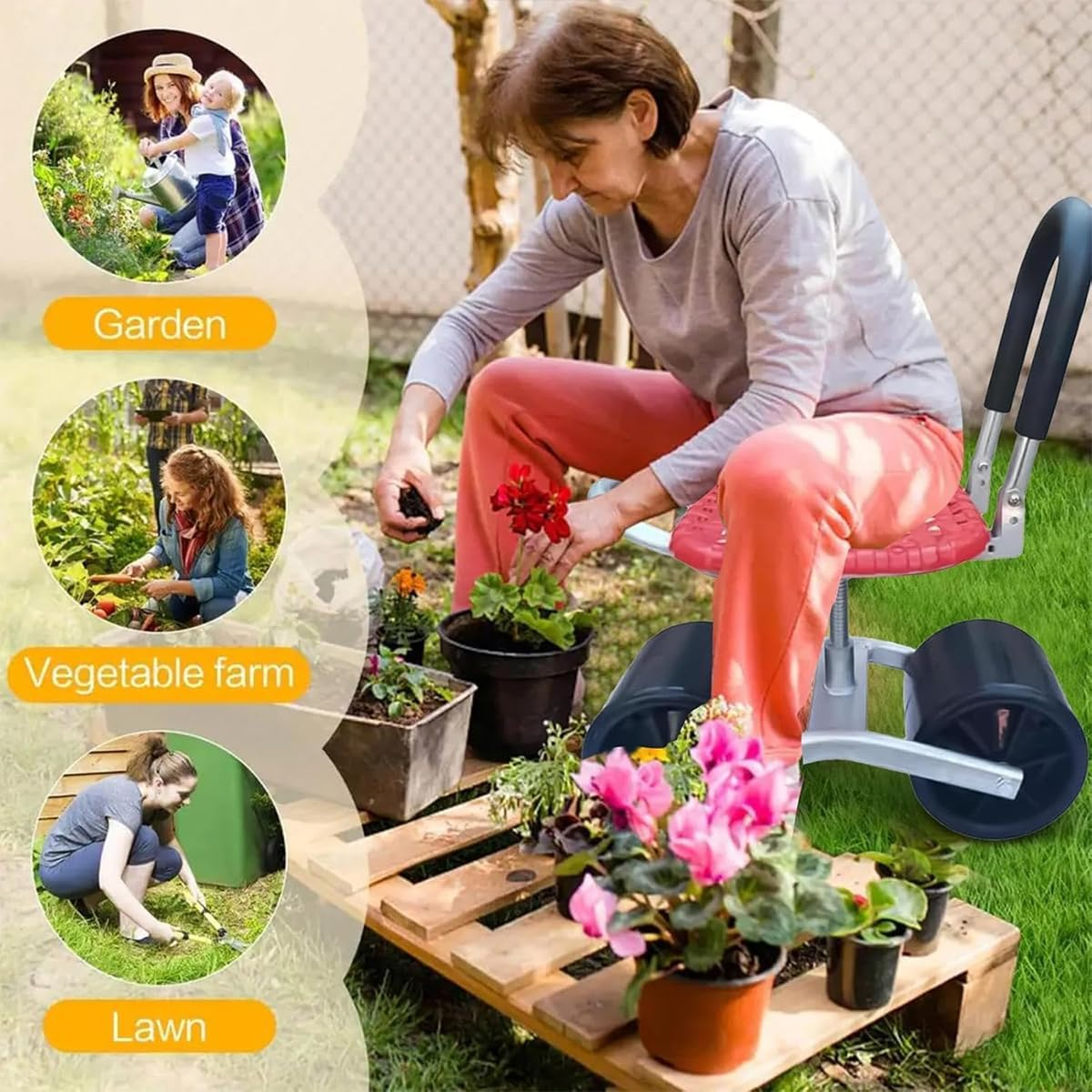 AIMALL Greenhouse Mobile Stool, Foldable Garden Chair with Soft Backrest & Wheels, Convenient for Picking Berries, Vegetables in Agricultural Fields & Gardens image number 5