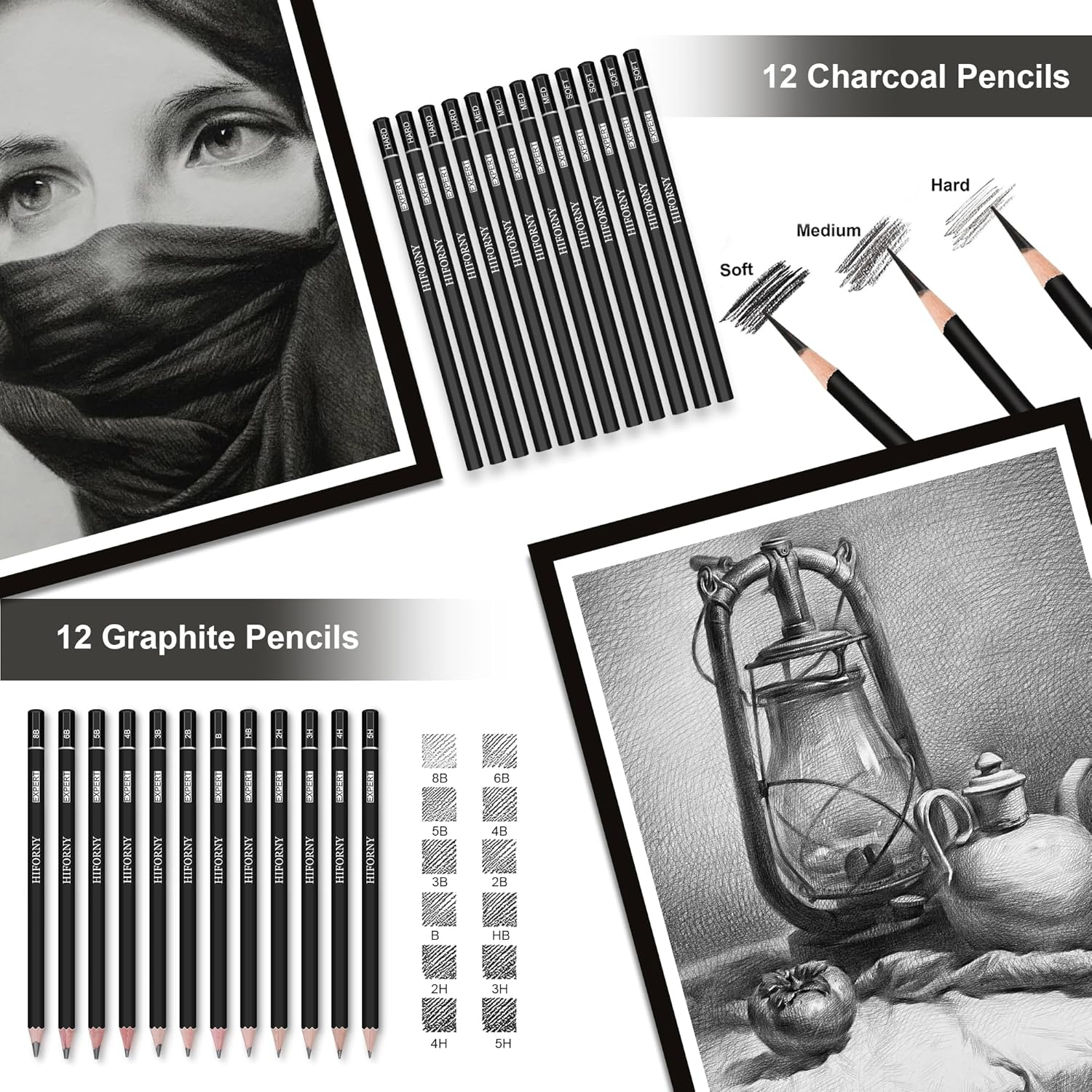 HIFORNY 176 PCS Art Supplies Drawing Set Sketching Kit with 100 Sheets 3-Color Sketchbook,Graphite Colored Charcoal Watercolor & Metallic Pencils,Blending Tools and More, for Beginner Artists image number 1