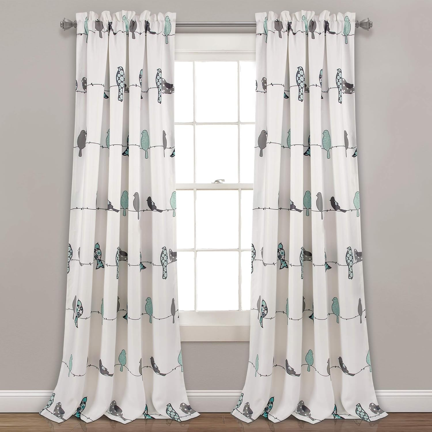 Lush Decor Rowley Birds Light Filtering Window Curtain Panels, Pair, 52" W X 84" L, Blue & Gray - Colorful Floral Print - Whimsical & Playful Bird Curtains for Bedroom, Living Room, or Dining Room