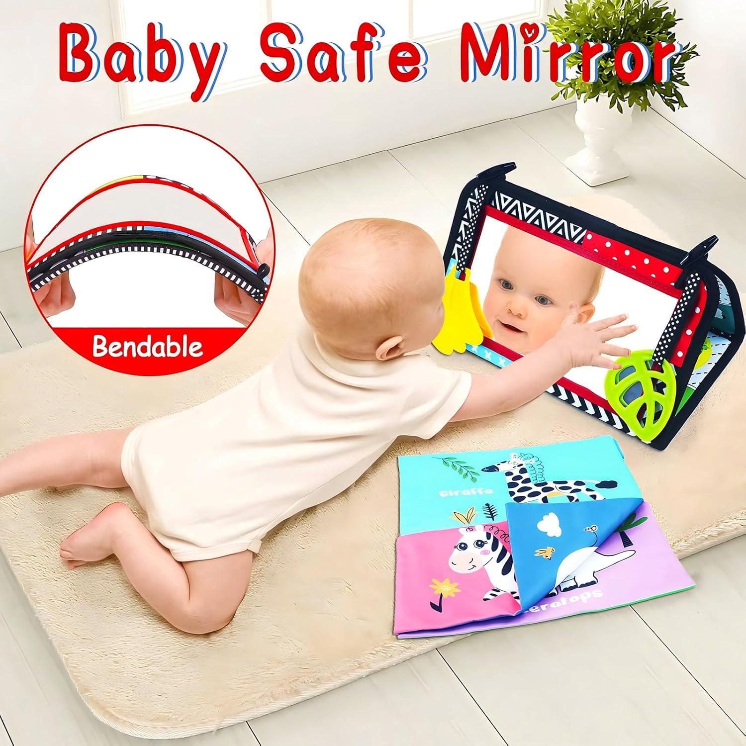 Tummy Time Baby Mirror, Infant Toys Newborn Toys 0 3 Months Brain Development with Crinkle Cloth Book, Black and White High Contrast Baby Toys 4 6 9 12 18 Month Boys Girls Crawling Sensory Toy image number 5