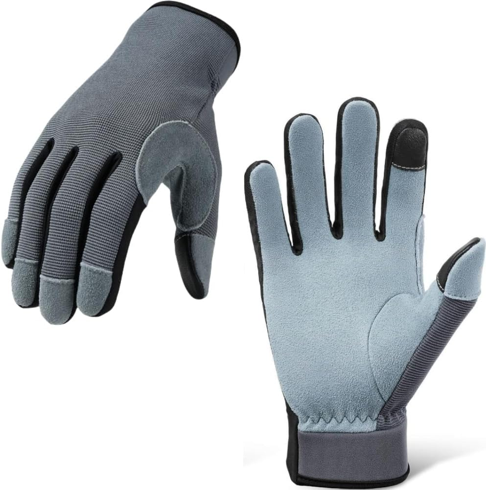 Lightweight Work Gloves,Touch Screen Flex Deerskin Leather Garden Gloves for Yard Working, Gardening, Cycling, DIY and Builders for Men Women (Gray)