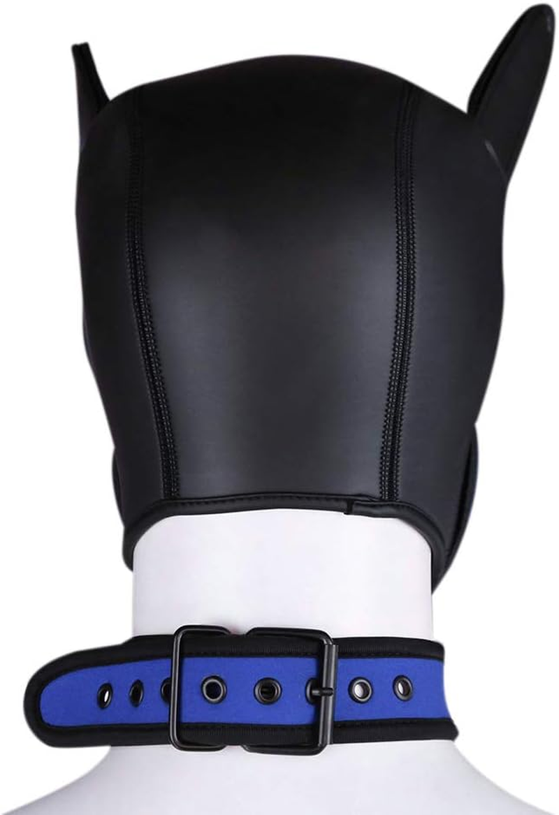 Adults Neoprene Puppy Hood Mask with Collar, Removable Cosplay Dog Full Face Pup Hood Mask image number 4