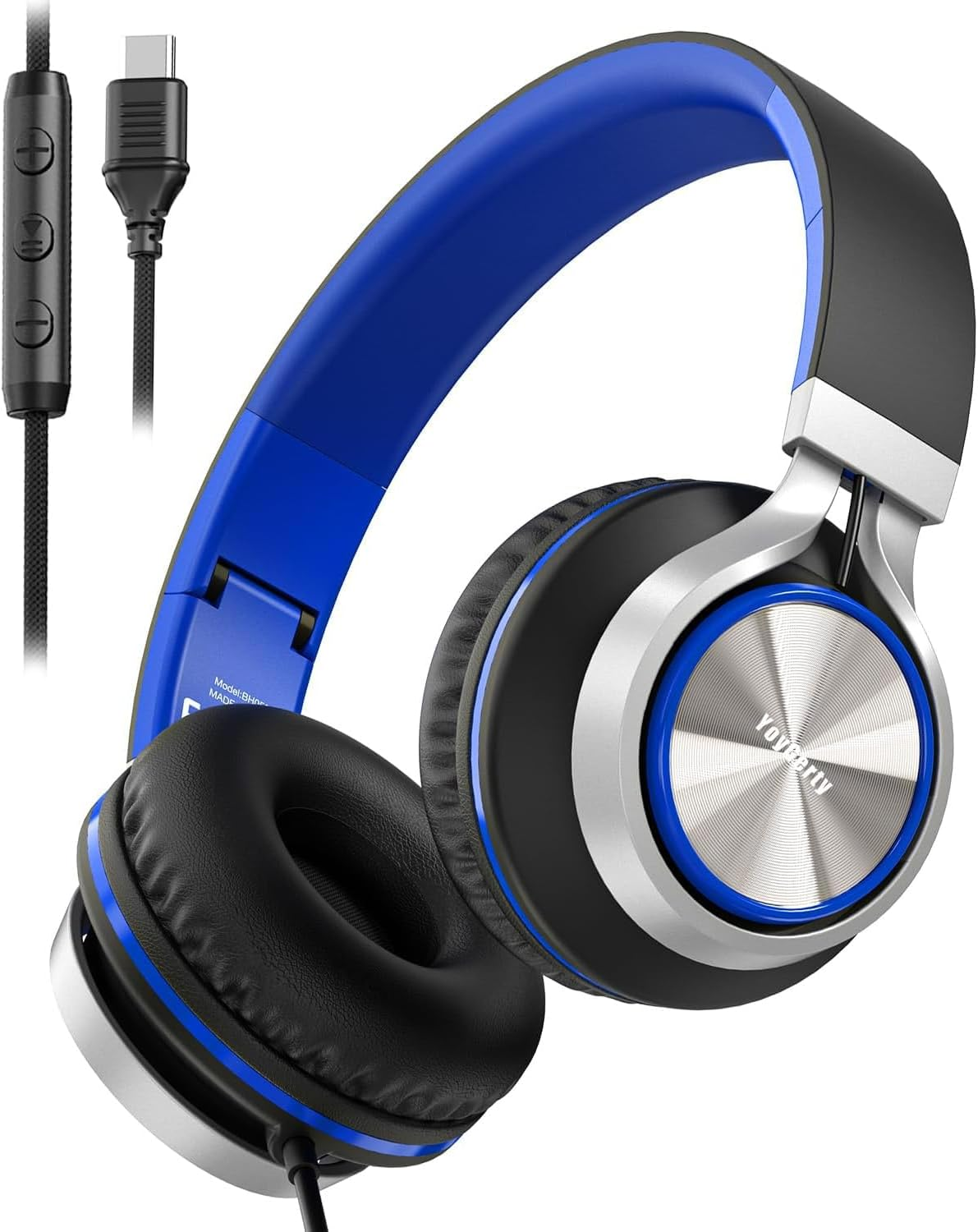 Upgraded USB Type C Wired Headphones, Foldable Over-Ear Headphones with Mic and Volume Control, Hi-Fi Stereosound for Adults/Teens/Toddlers/Tablets/Travel(Blue)